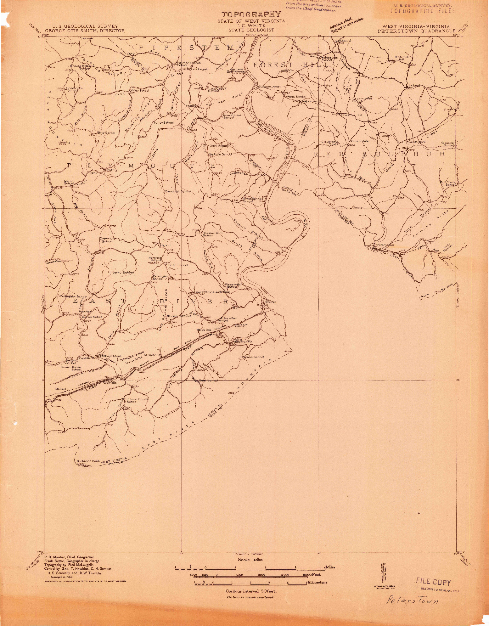 USGS 1:48000-SCALE QUADRANGLE FOR PETERSTOWN, WV 1913