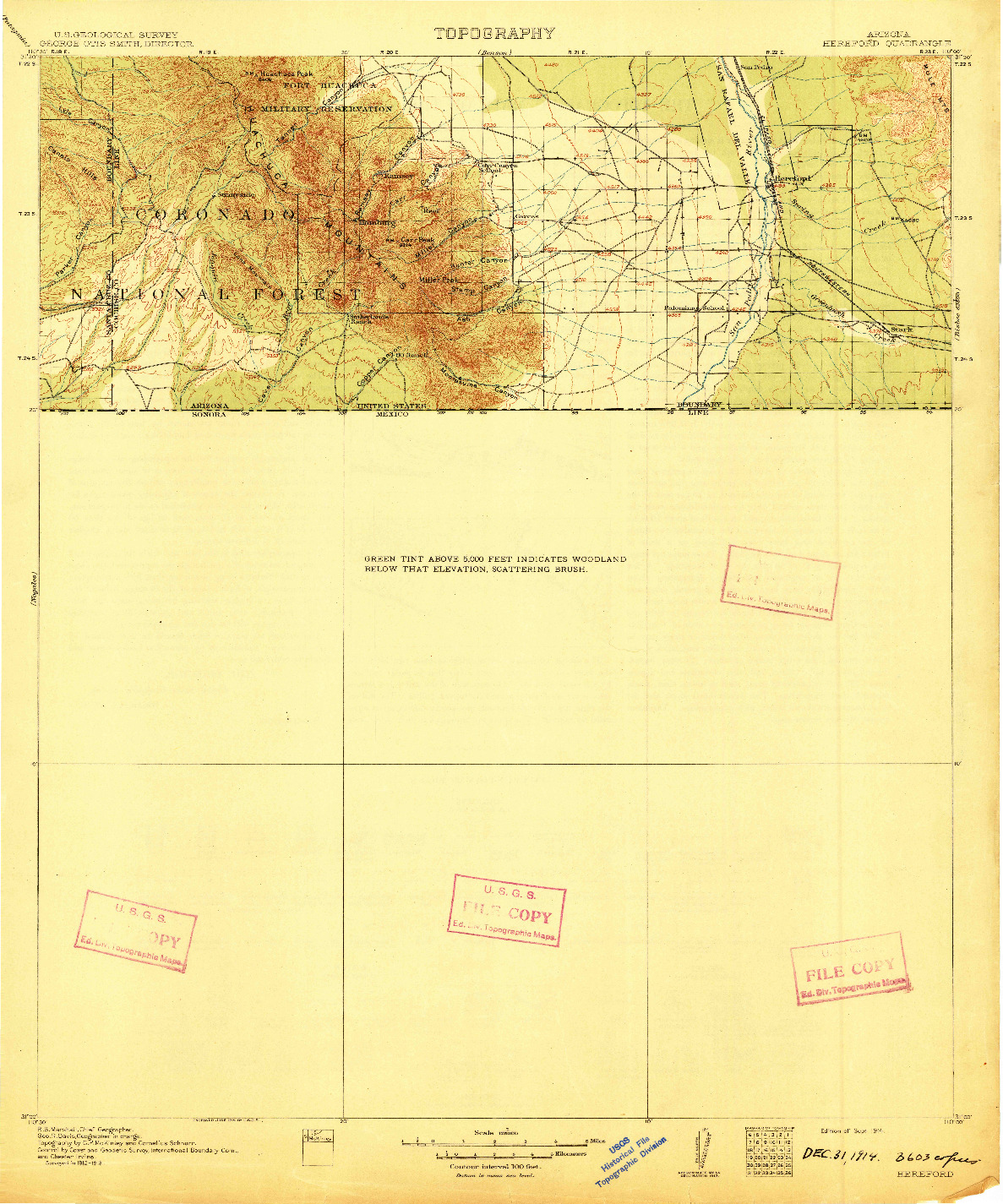 USGS 1:125000-SCALE QUADRANGLE FOR HEREFORD, AZ 1914
