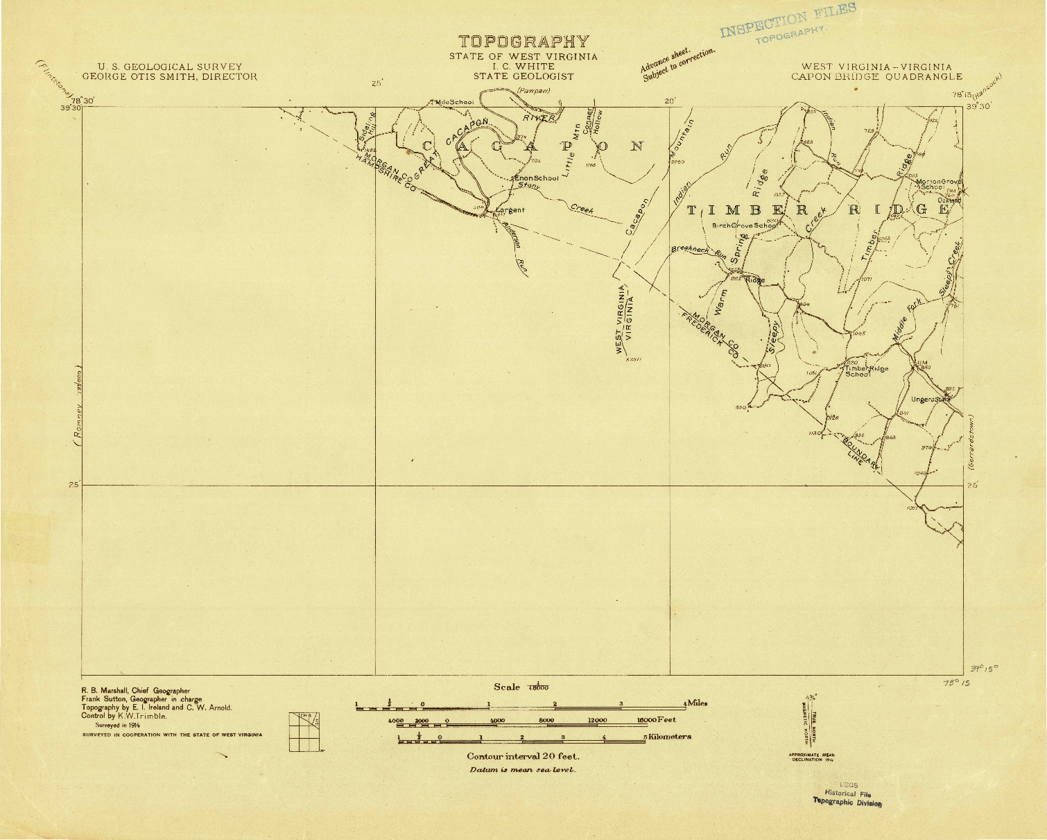 USGS 1:48000-SCALE QUADRANGLE FOR CAPON BRIDGE, WV 1914