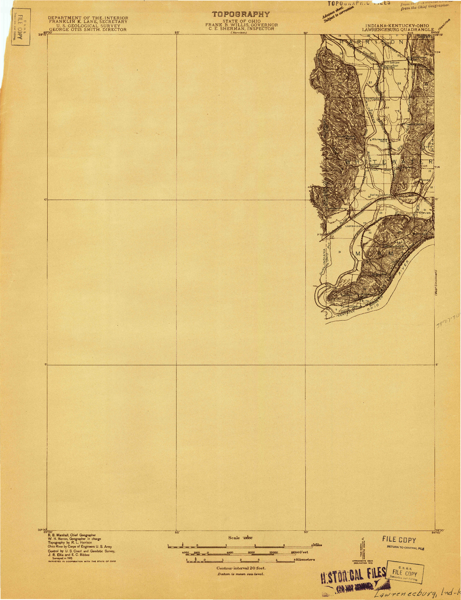 USGS 1:48000-SCALE QUADRANGLE FOR LAWRENCEBURG, IN 1915