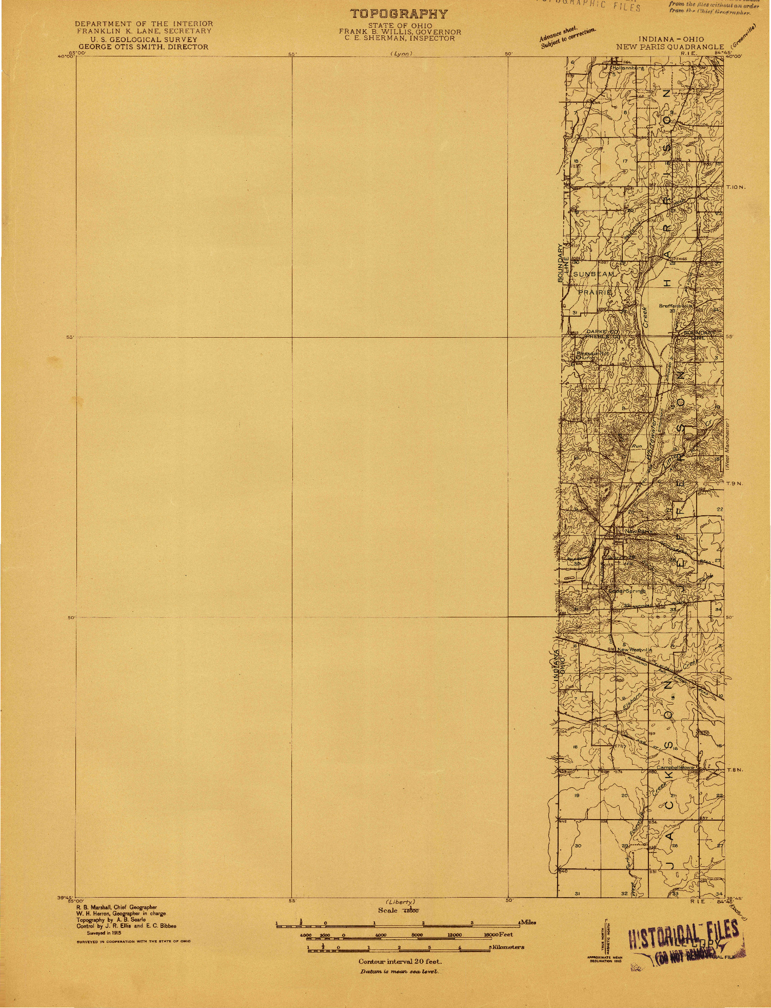 USGS 1:48000-SCALE QUADRANGLE FOR NEW PARIS, IN 1915