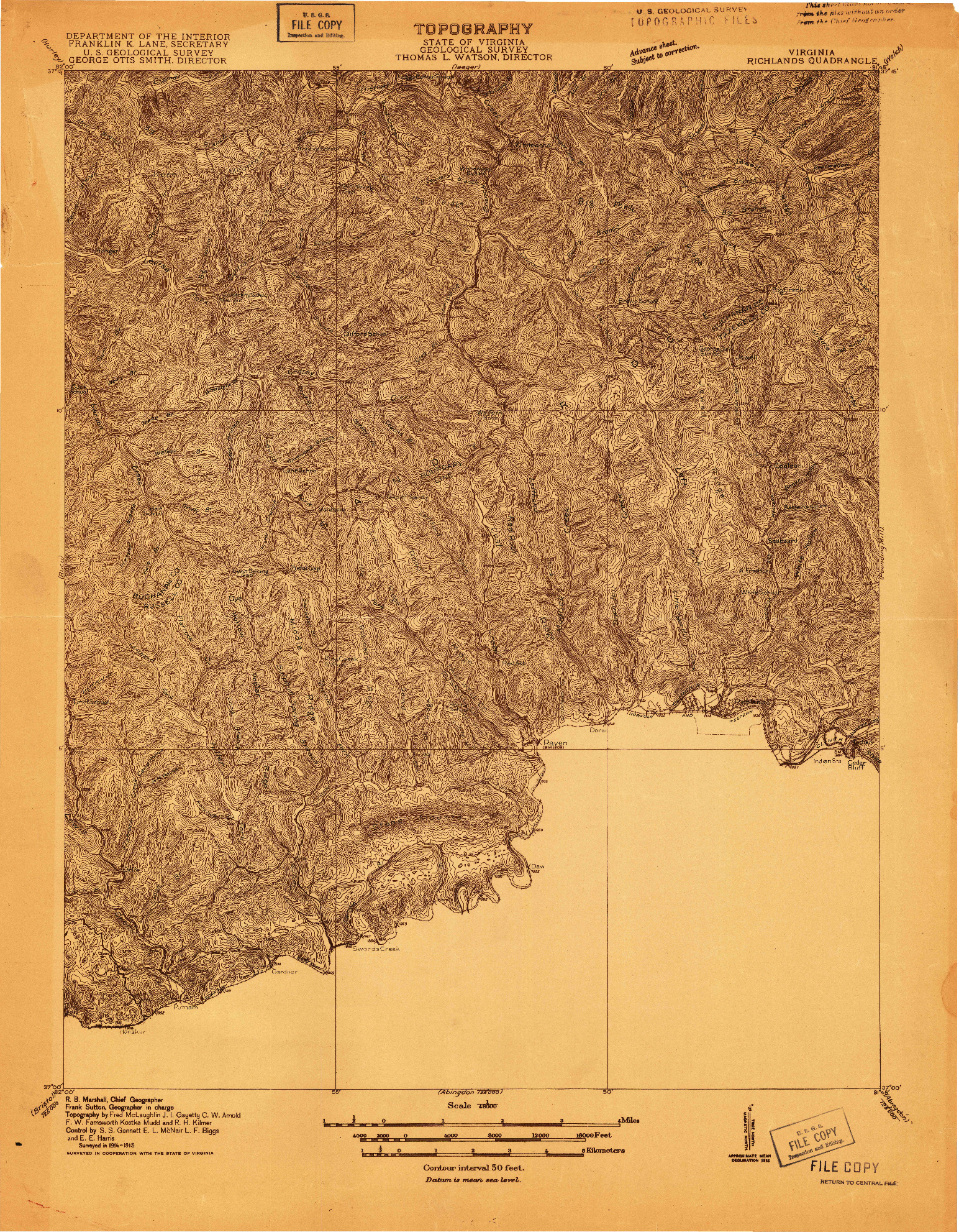 USGS 1:48000-SCALE QUADRANGLE FOR RICHLANDS, VA 1915