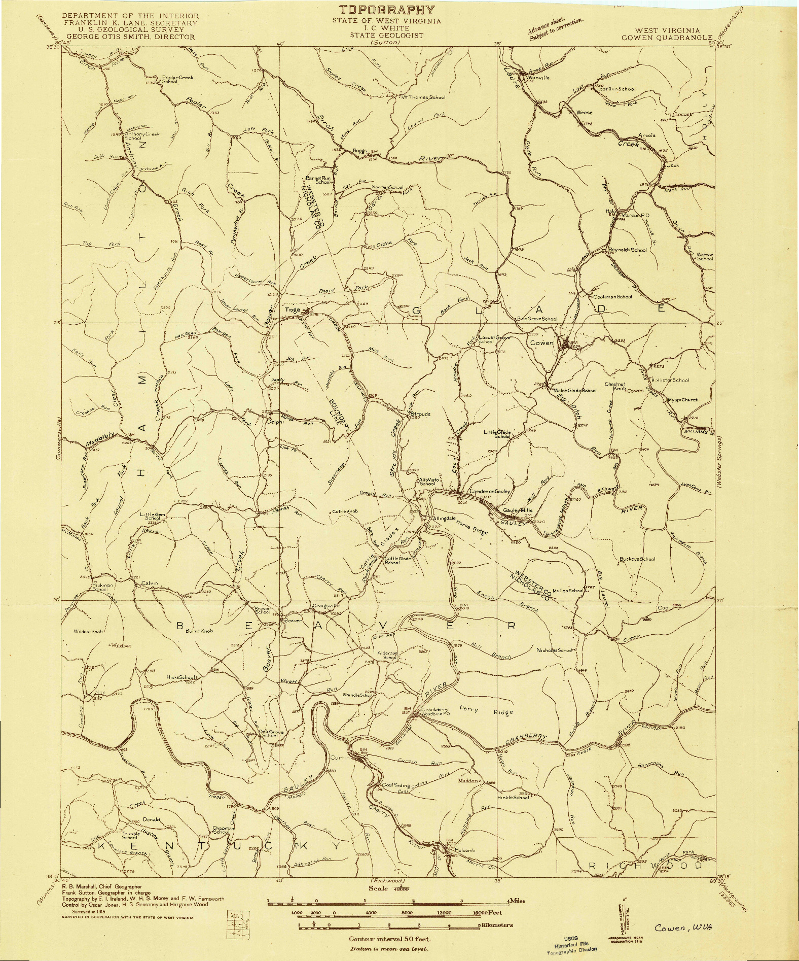 USGS 1:48000-SCALE QUADRANGLE FOR COWEN, WV 1915
