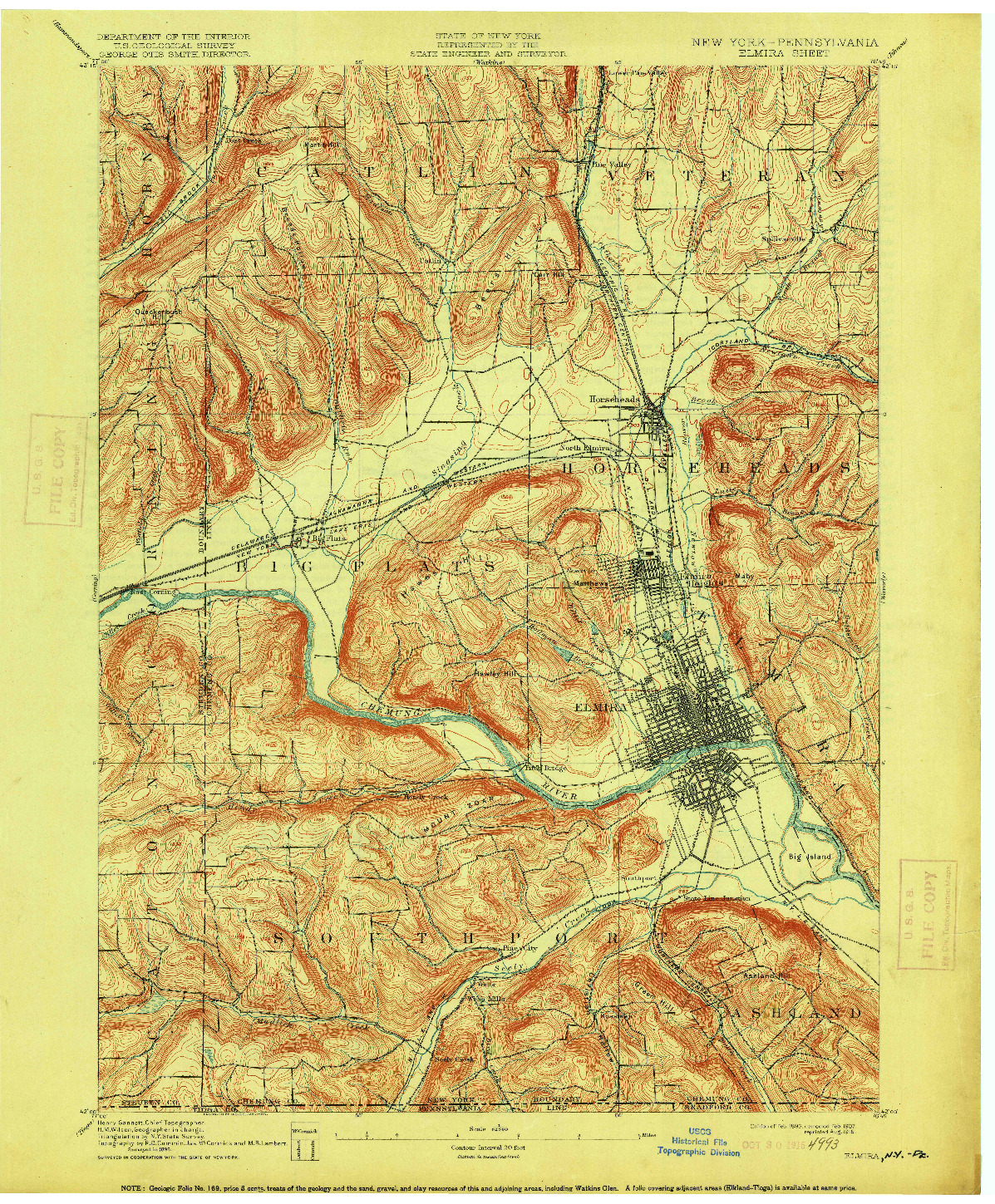 USGS 1:62500-SCALE QUADRANGLE FOR ELMIRA, NY 1895