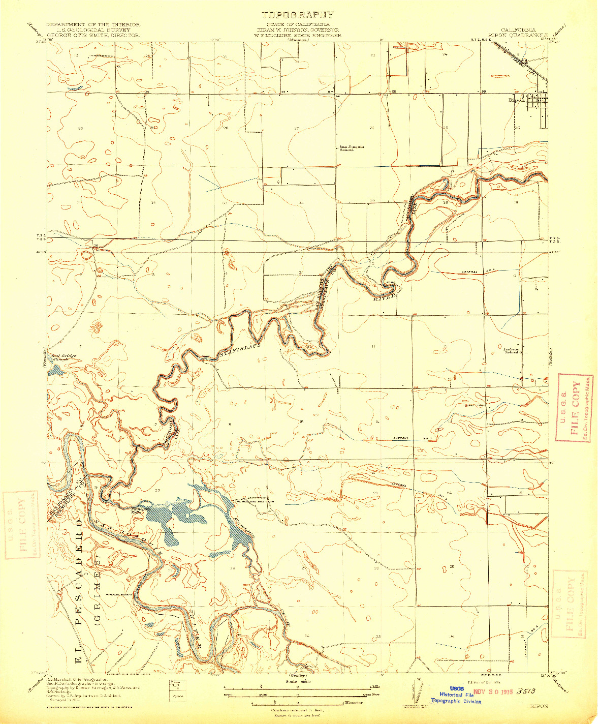 USGS 1:31680-SCALE QUADRANGLE FOR RIPON, CA 1915