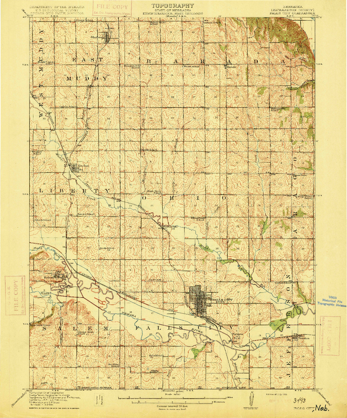 USGS 1:62500-SCALE QUADRANGLE FOR FALLS CITY, NE 1915
