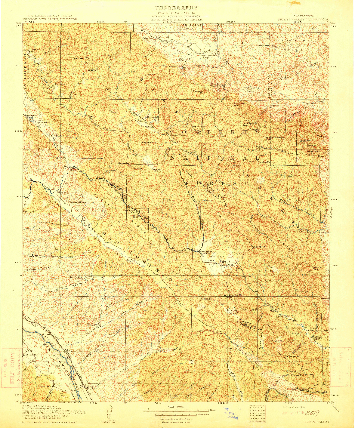 USGS 1:125000-SCALE QUADRANGLE FOR PRIEST VALLEY, CA 1915