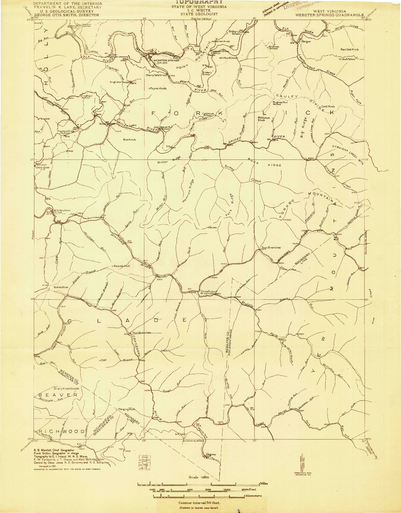 USGS 1:48000-SCALE QUADRANGLE FOR WEBSTER SPRINGS, WV 1915