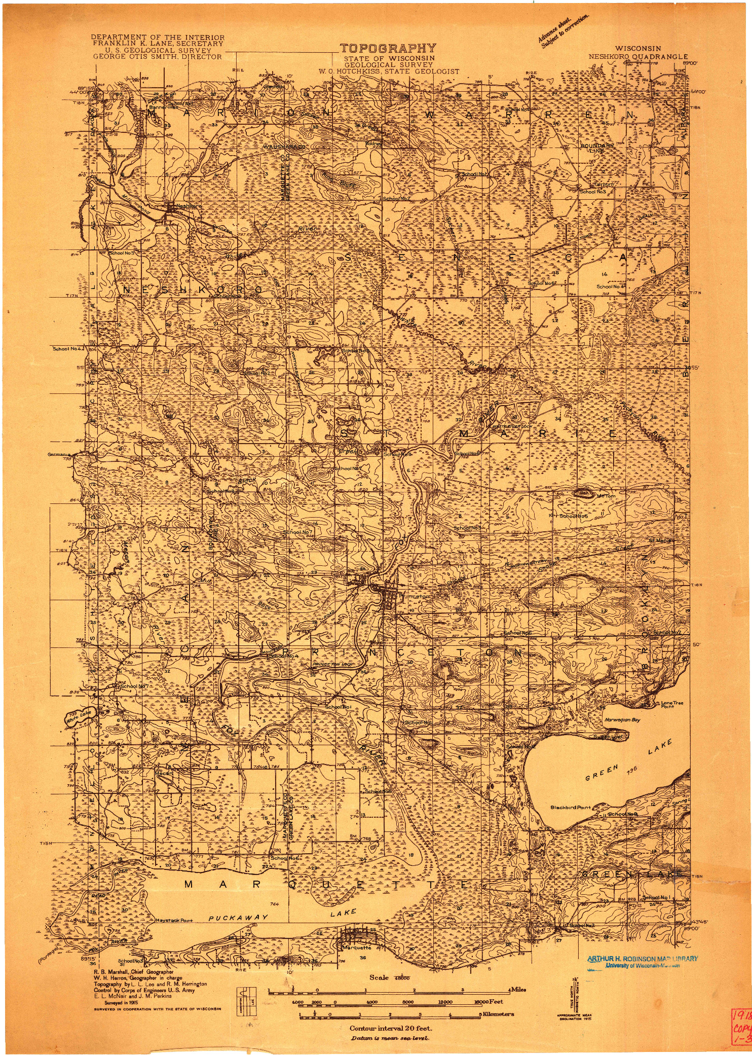 USGS 1:48000-SCALE QUADRANGLE FOR NESHKORO, WI 1915