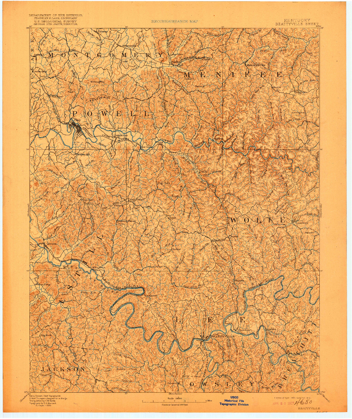 USGS 1:125000-SCALE QUADRANGLE FOR BEATTYVILLE, KY 1892