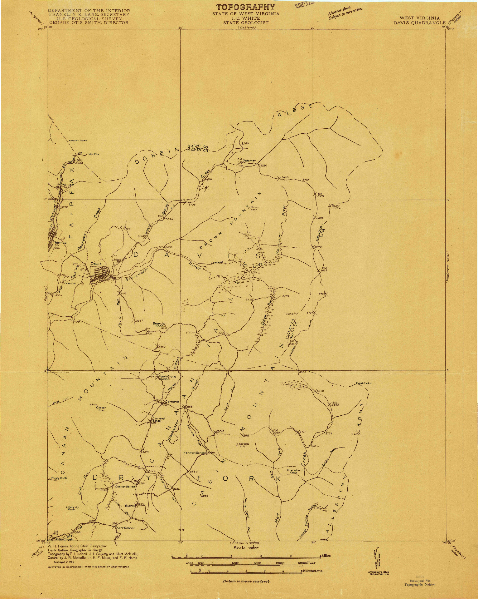 USGS 1:48000-SCALE QUADRANGLE FOR DAVIS, WV 1916