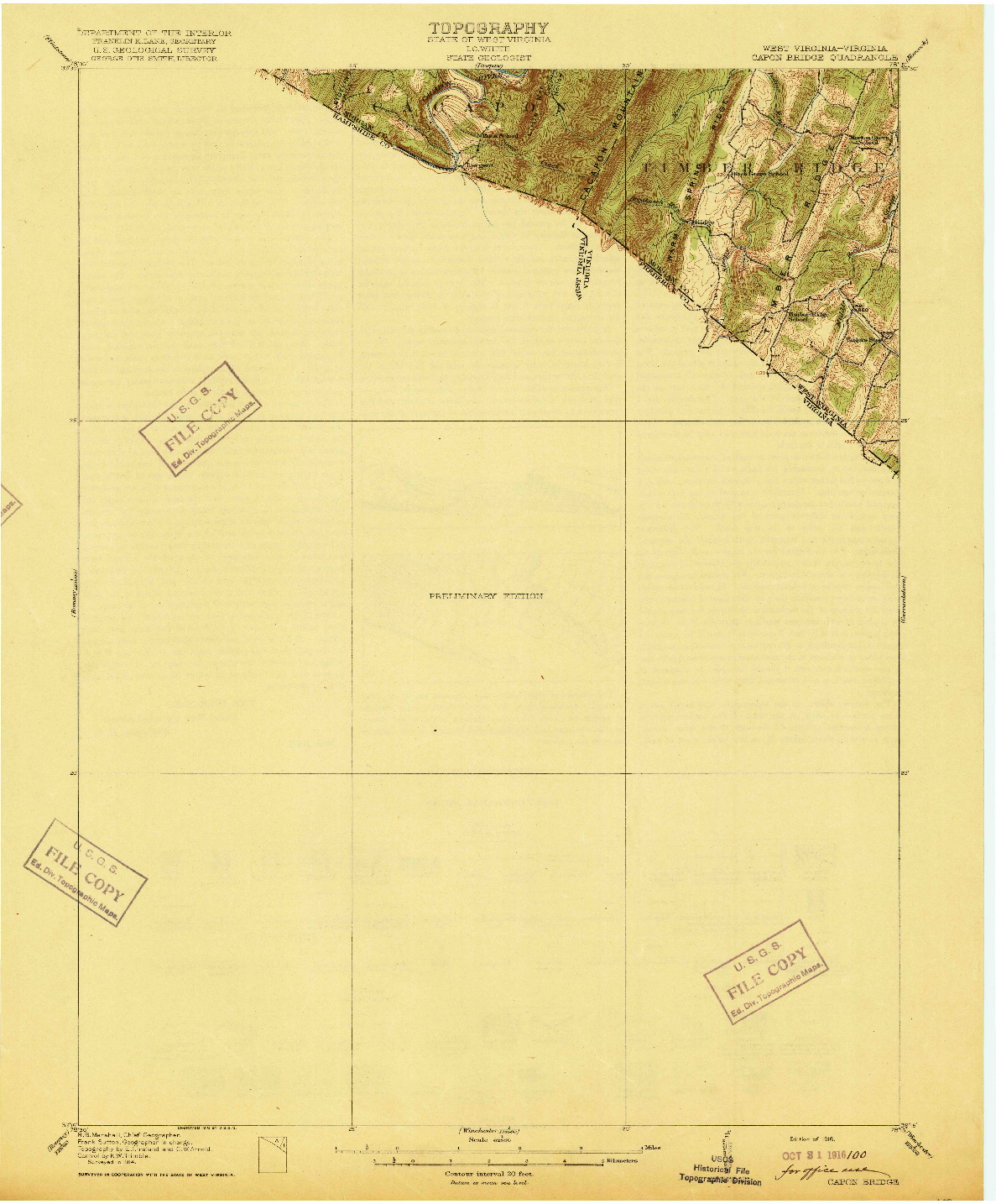 USGS 1:62500-SCALE QUADRANGLE FOR CAPON BRIDGE, WV 1916