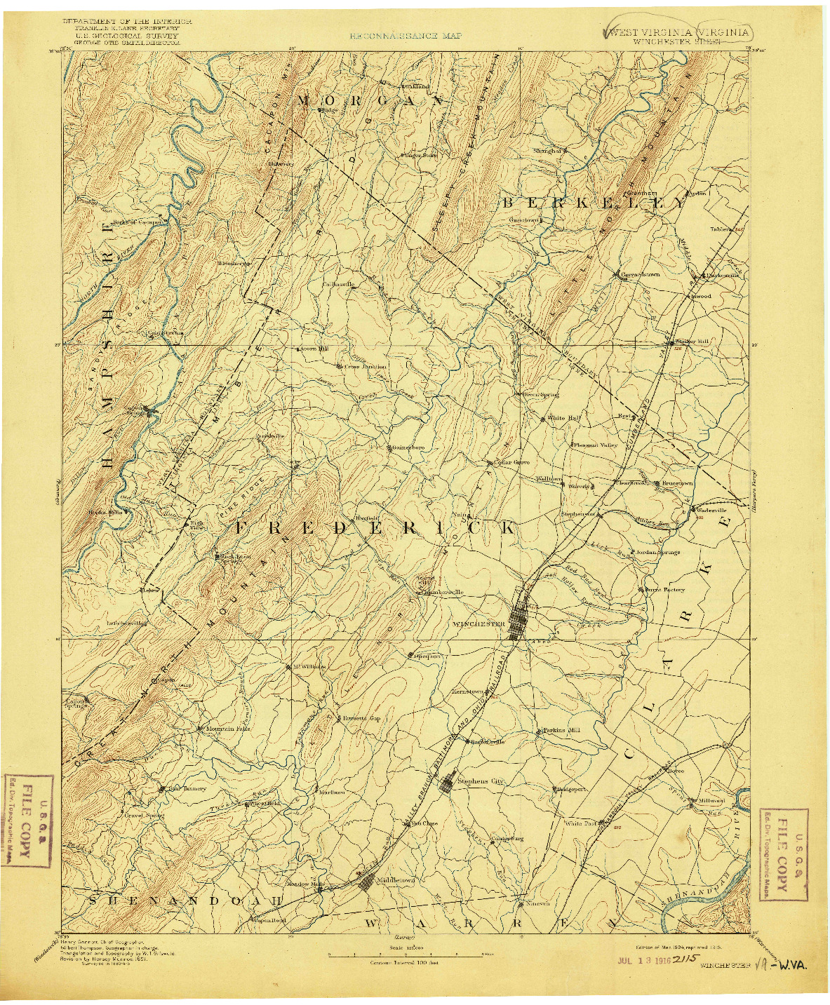 USGS 1:125000-SCALE QUADRANGLE FOR WINCHESTER, WV 1894