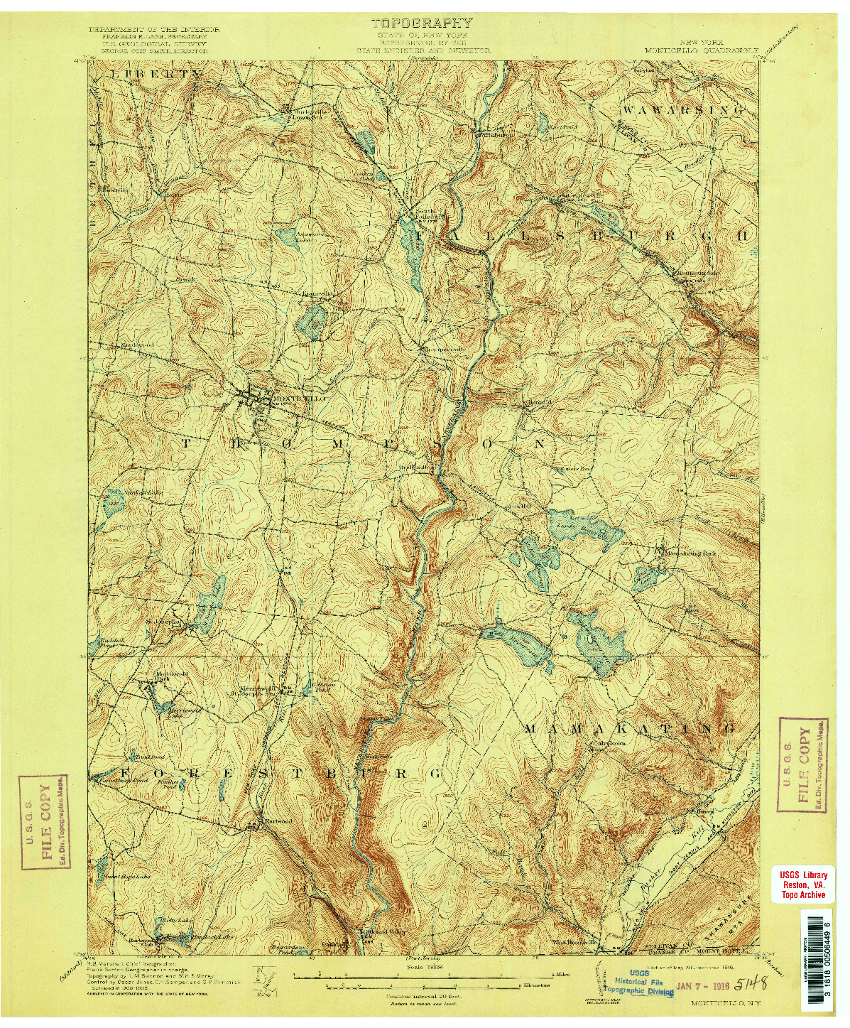 USGS 1:62500-SCALE QUADRANGLE FOR MONTICELLO, NY 1911