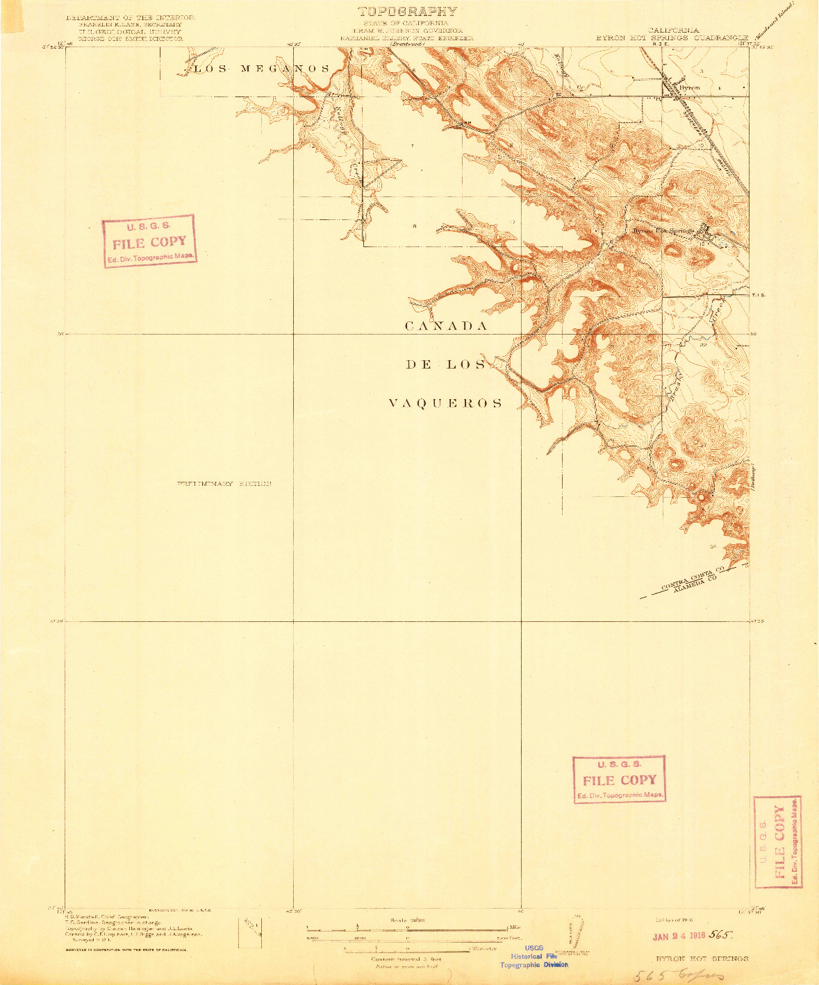 USGS 1:31680-SCALE QUADRANGLE FOR BYRON HOT SPRINGS, CA 1916