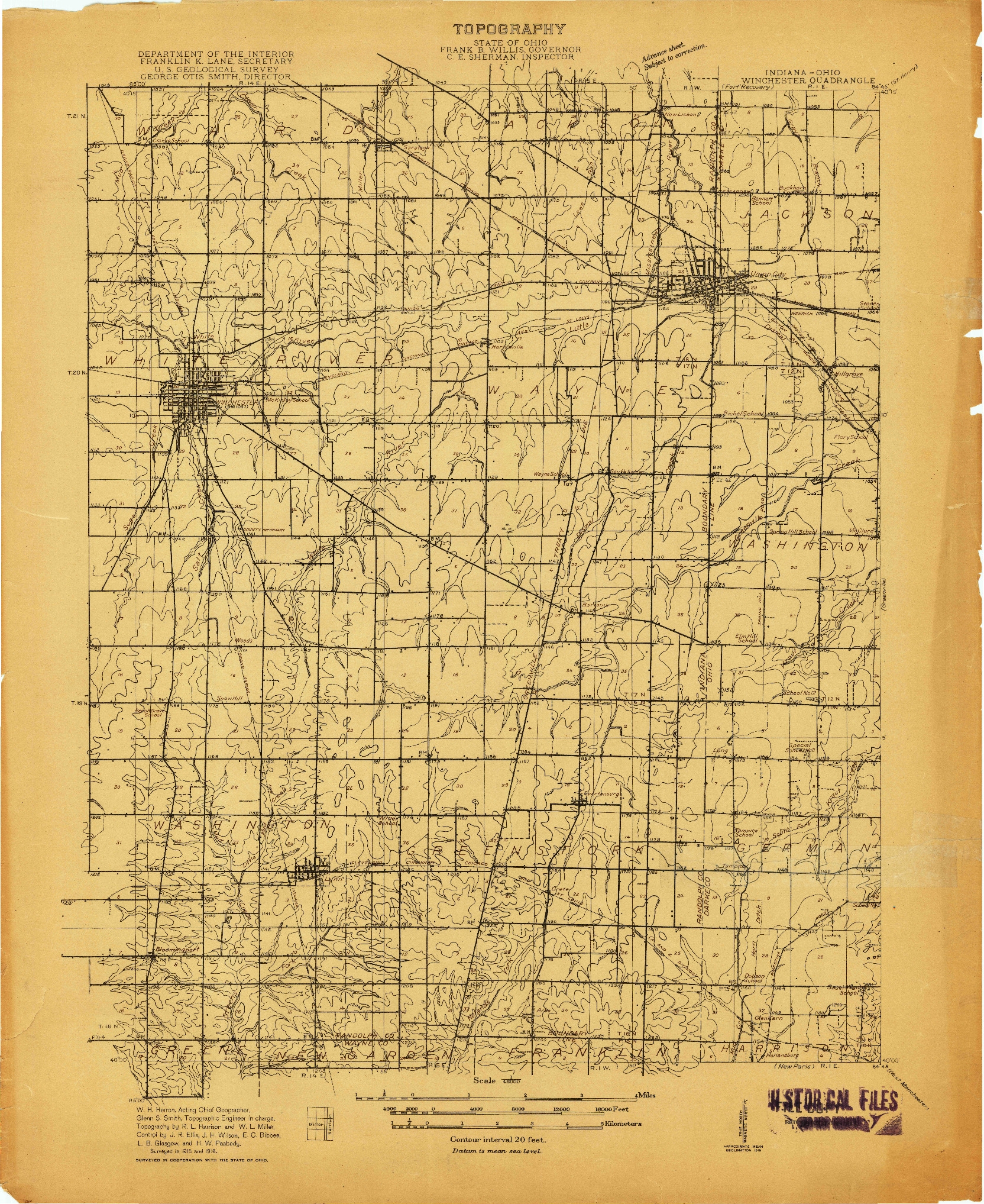 USGS 1:48000-SCALE QUADRANGLE FOR WINCHESTER, IN 1916