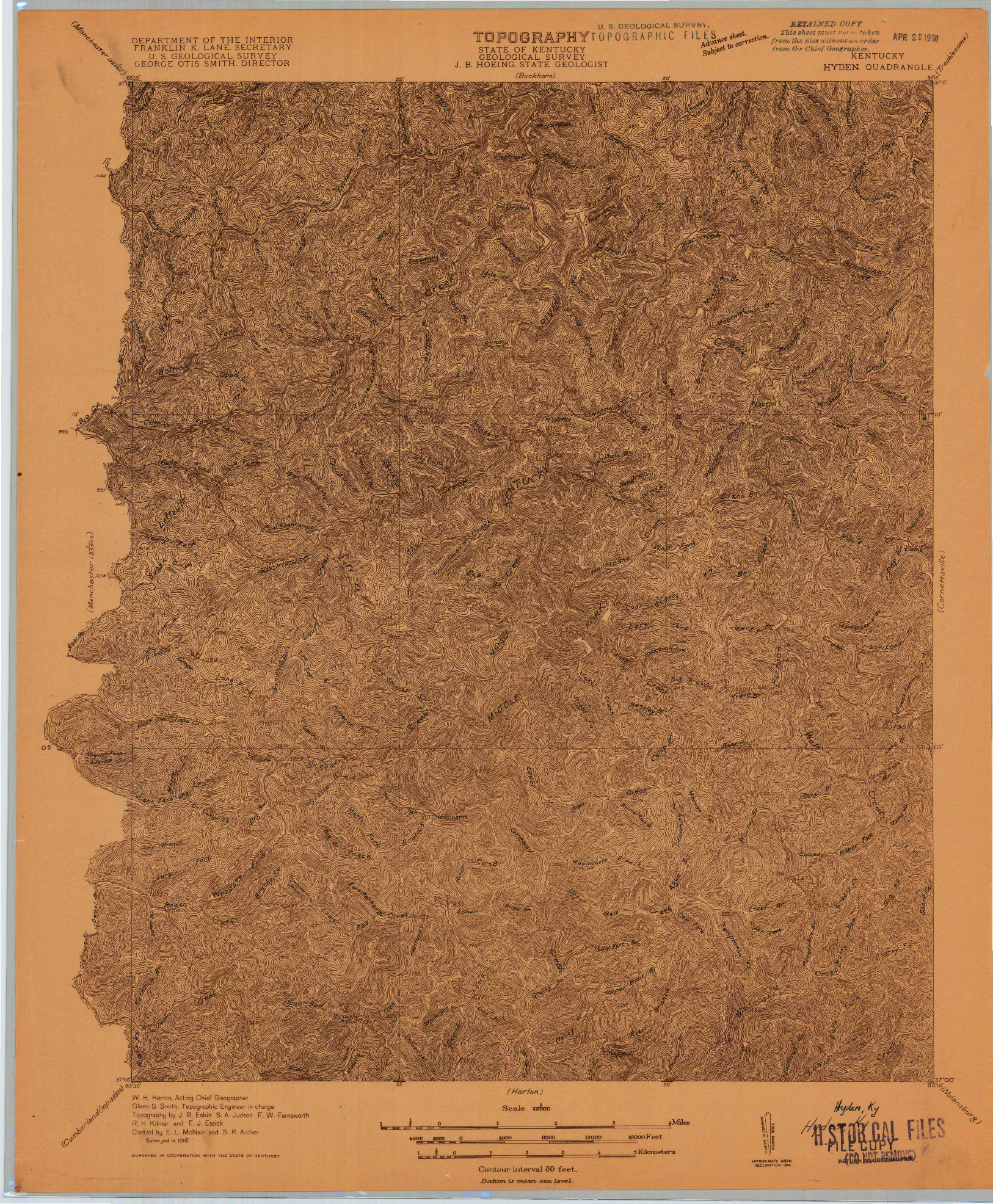 USGS 1:48000-SCALE QUADRANGLE FOR HYDEN, KY 1916