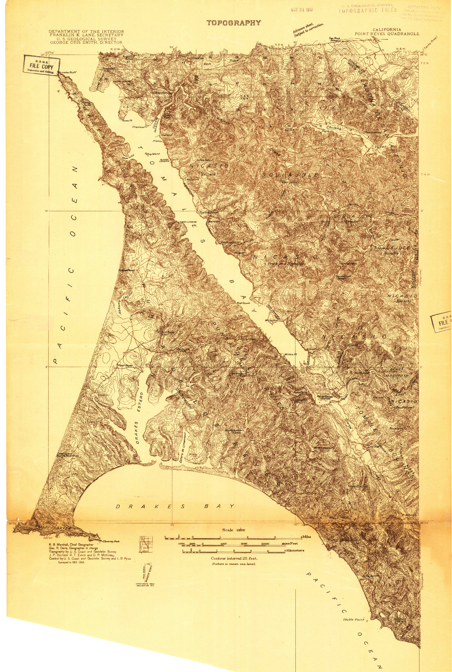 USGS 1:48000-SCALE QUADRANGLE FOR POINT REYES, CA 1916