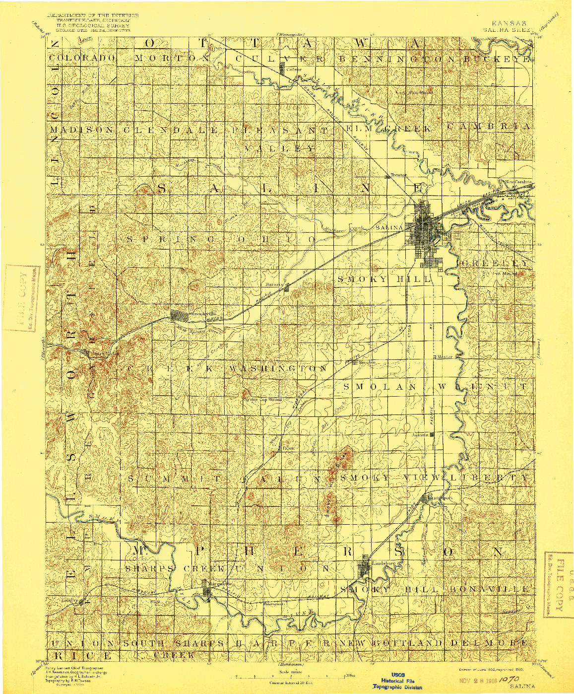 USGS 1:125000-SCALE QUADRANGLE FOR SALINA, KS 1892