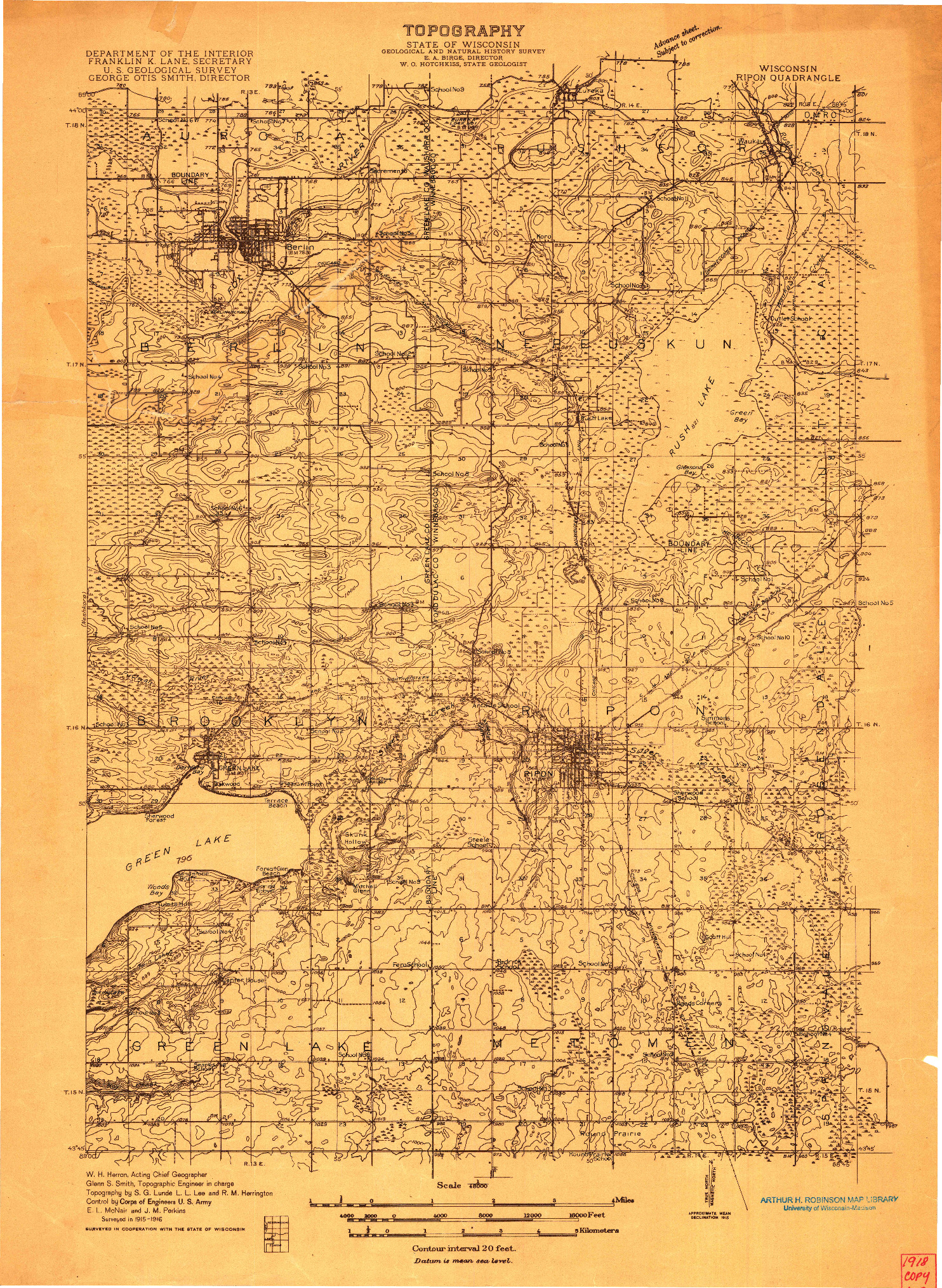 USGS 1:48000-SCALE QUADRANGLE FOR RIPON, WI 1916
