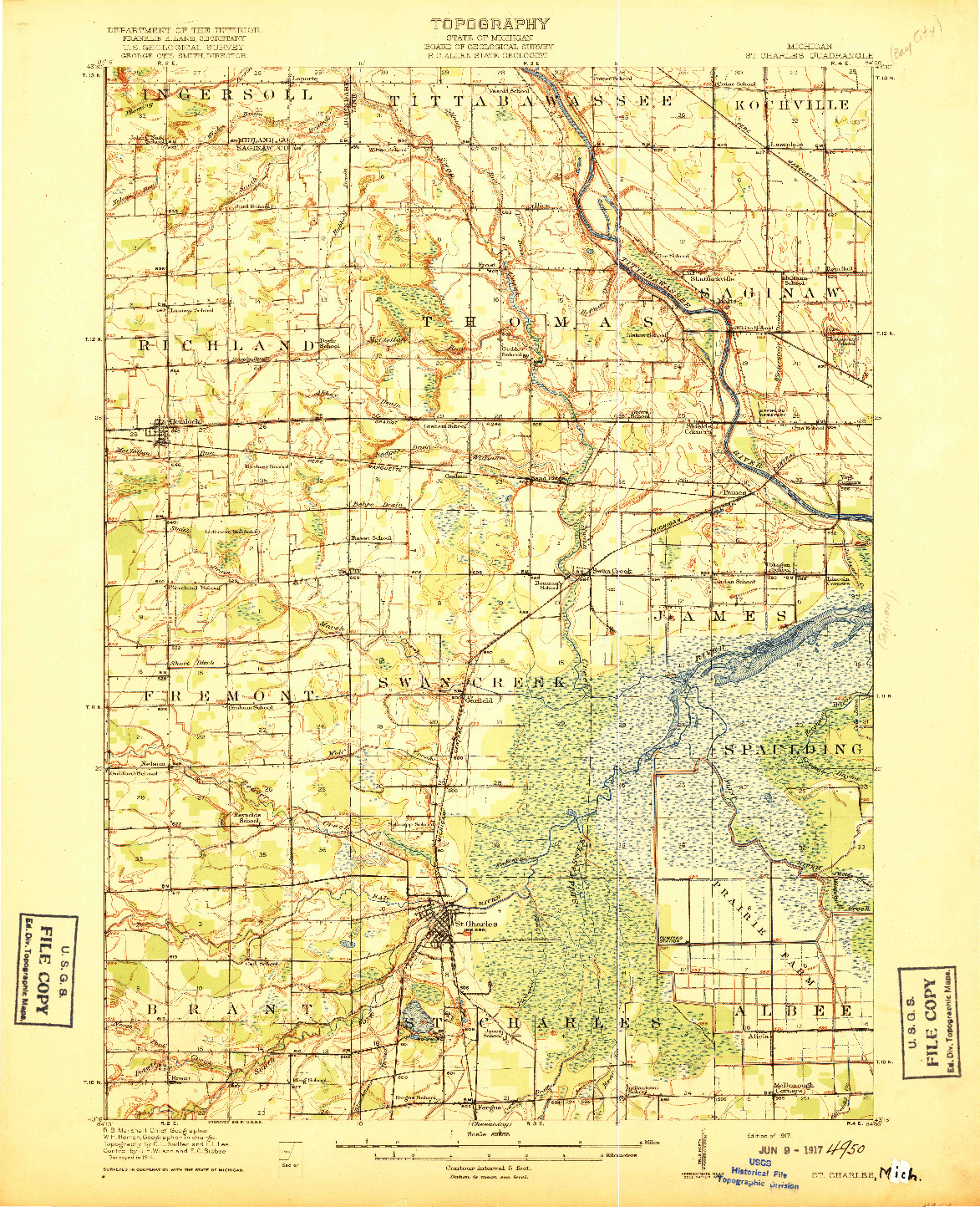 USGS 1:62500-SCALE QUADRANGLE FOR ST. CHARLES, MI 1917