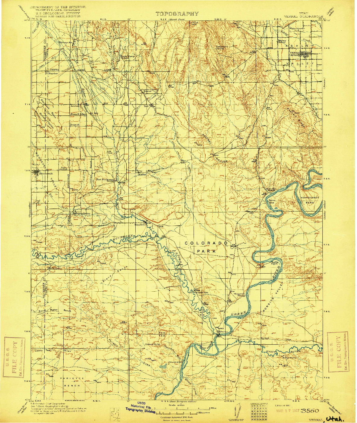 USGS 1:125000-SCALE QUADRANGLE FOR VERNAL, UT 1917