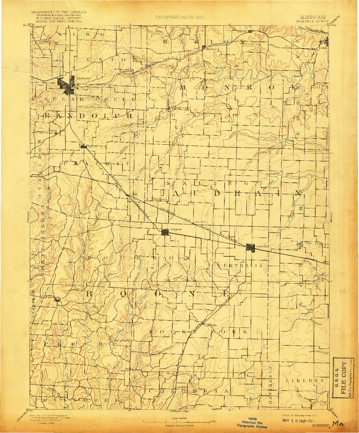 USGS 1:125000-SCALE QUADRANGLE FOR MOBERLY, MO 1890