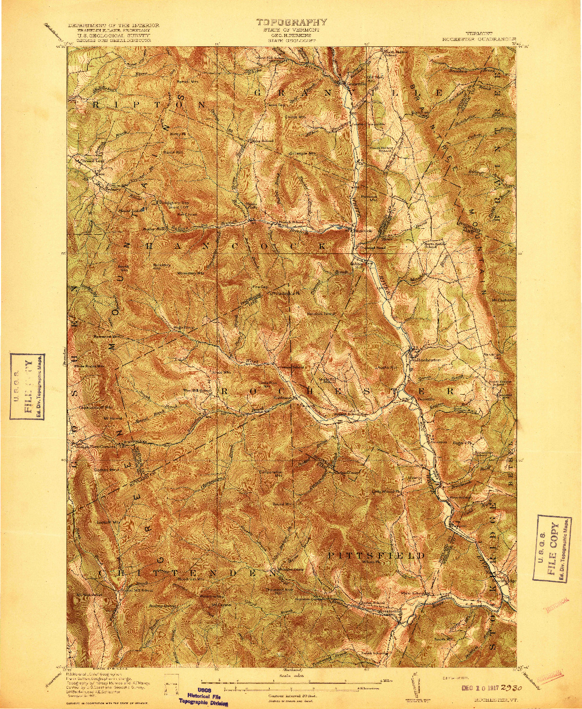 USGS 1:62500-SCALE QUADRANGLE FOR ROCHESTER, VT 1917