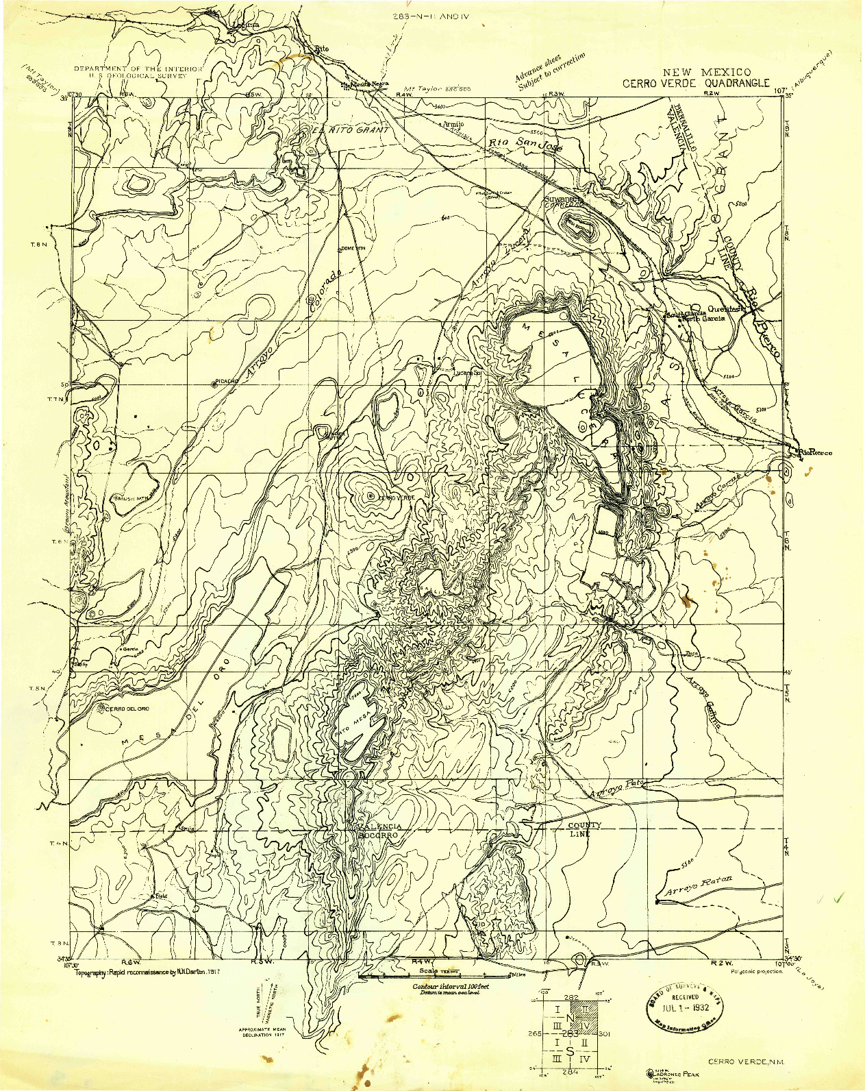 USGS 1:125000-SCALE QUADRANGLE FOR CERRO VERDE, NM 1917