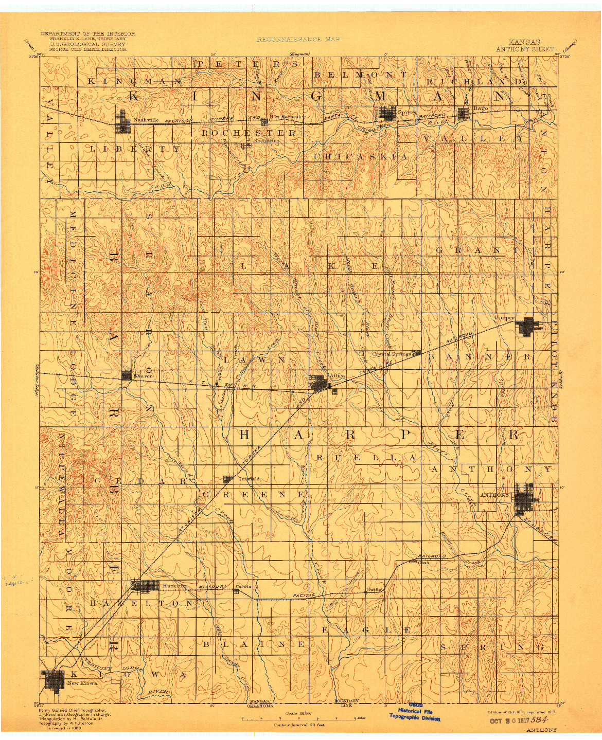 USGS 1:125000-SCALE QUADRANGLE FOR ANTHONY, KS 1891