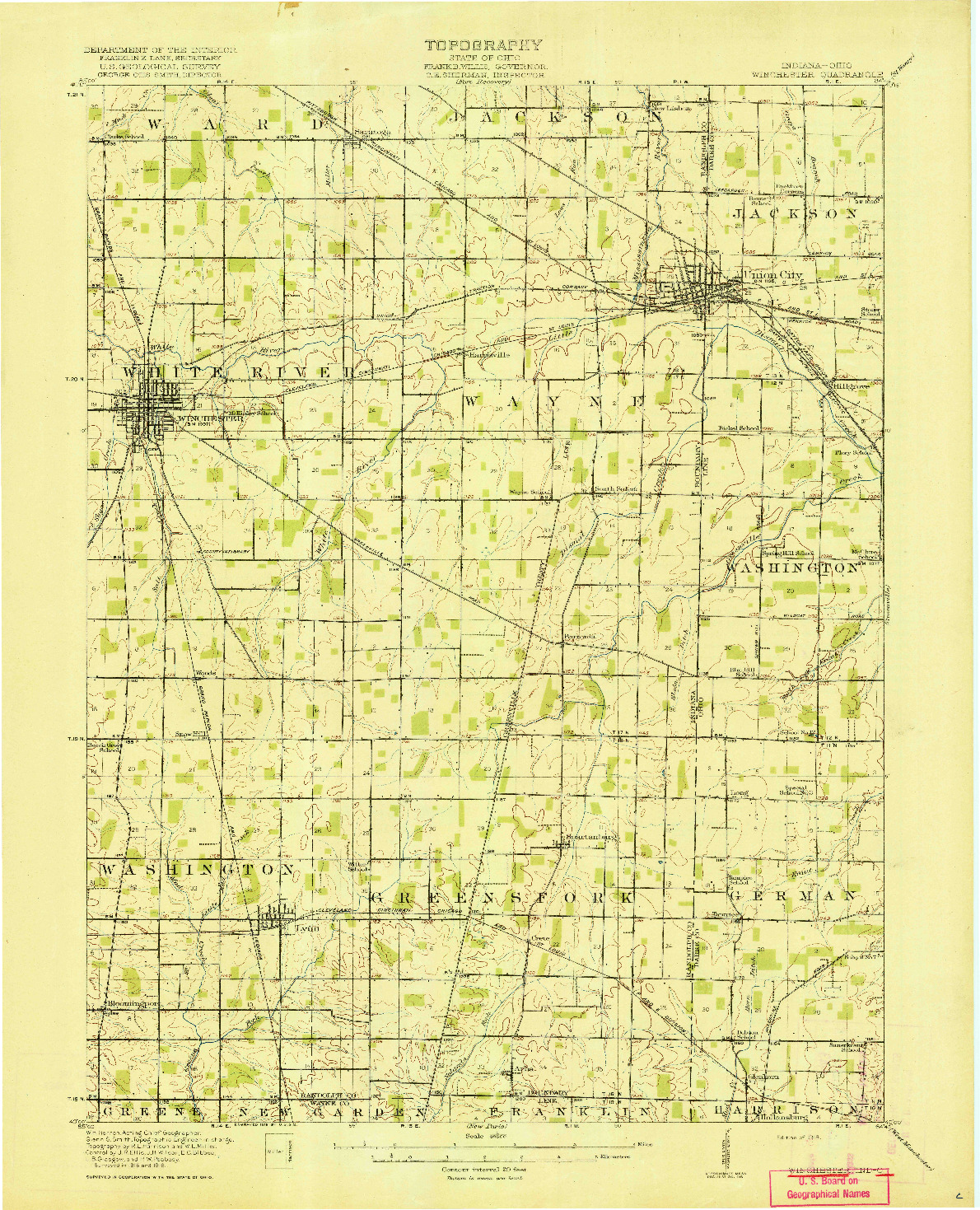 USGS 1:62500-SCALE QUADRANGLE FOR WINCHESTER, IN 1918