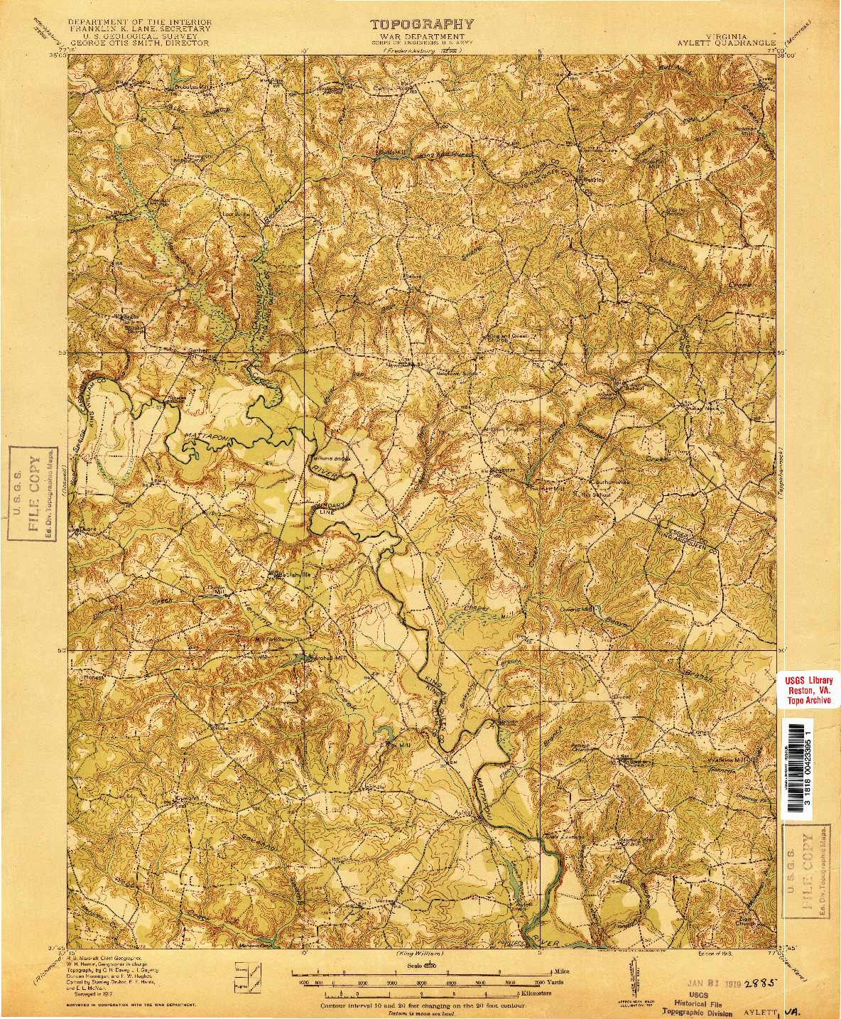 USGS 1:62500-SCALE QUADRANGLE FOR AYLETT, VA 1918