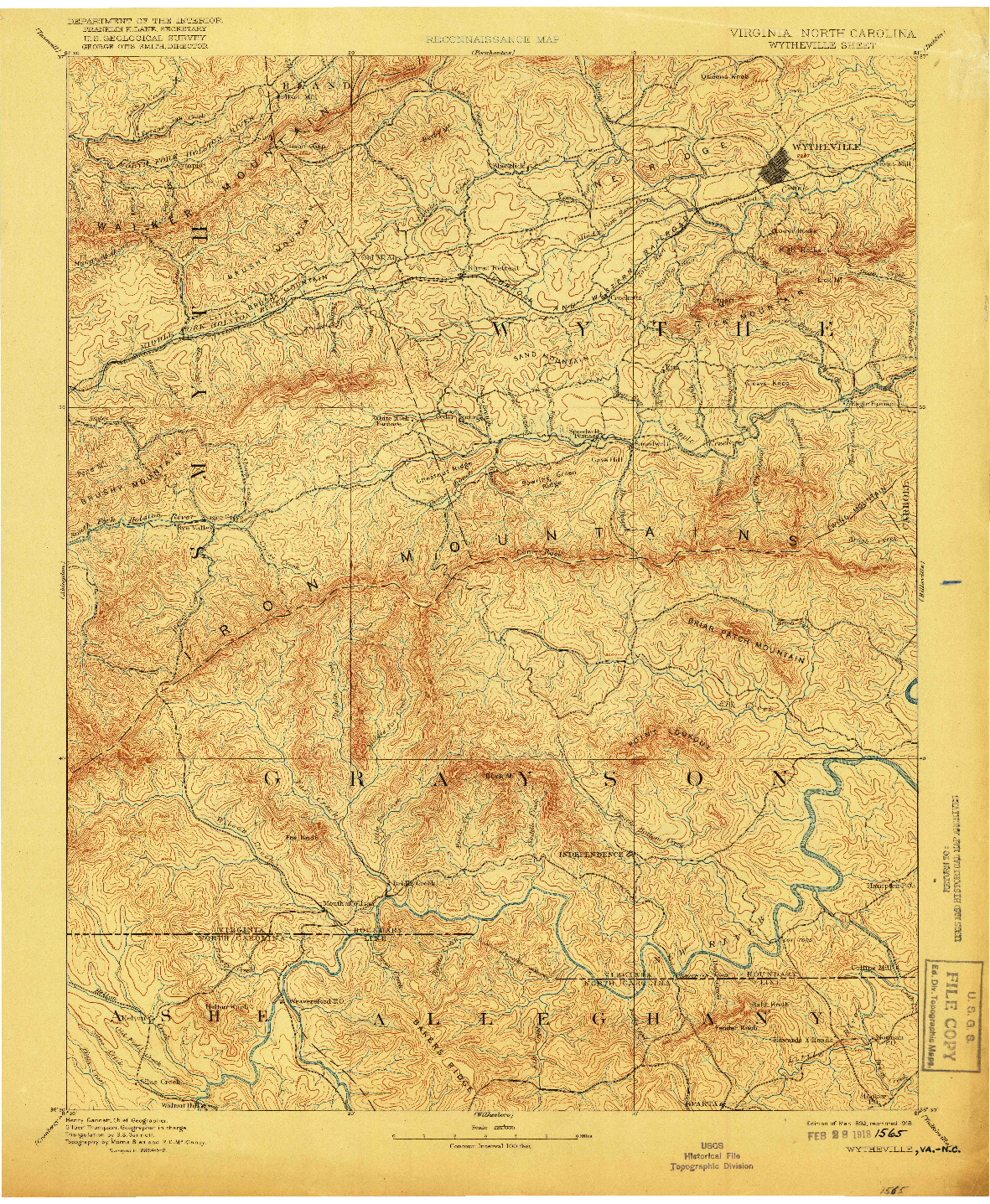 USGS 1:125000-SCALE QUADRANGLE FOR WYTHEVILLE, VA 1892