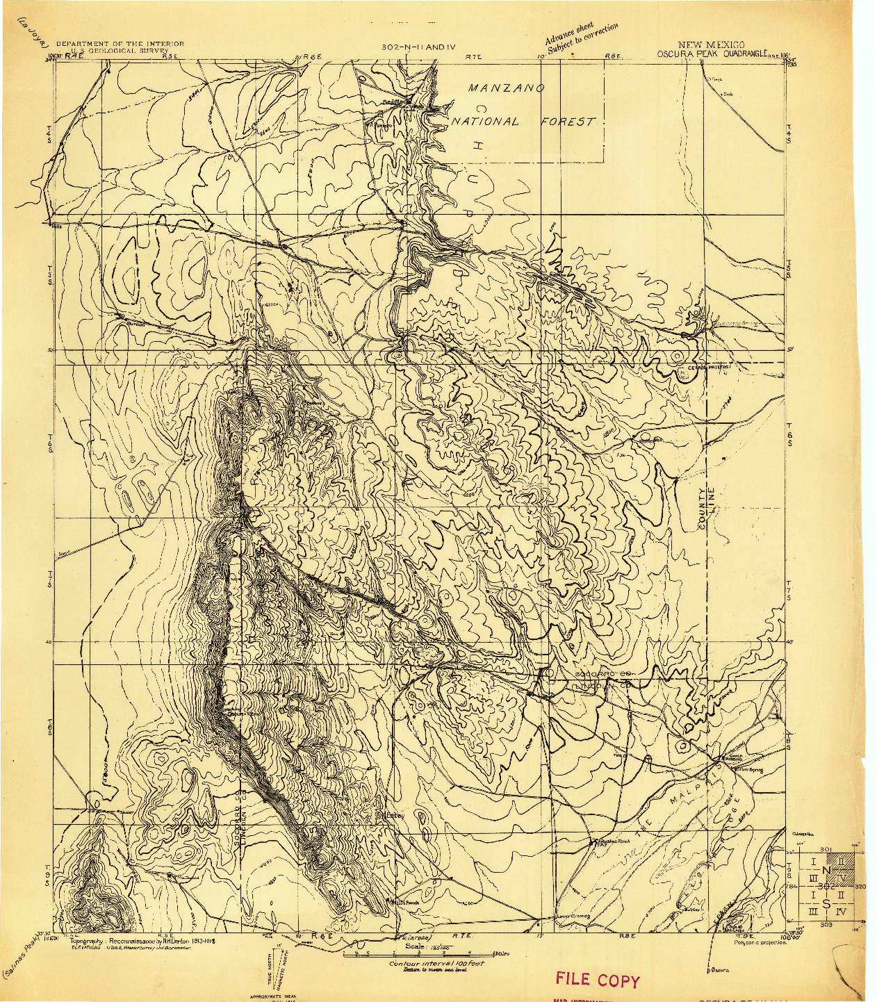 USGS 1:125000-SCALE QUADRANGLE FOR OSCURA PEAK, NM 1918