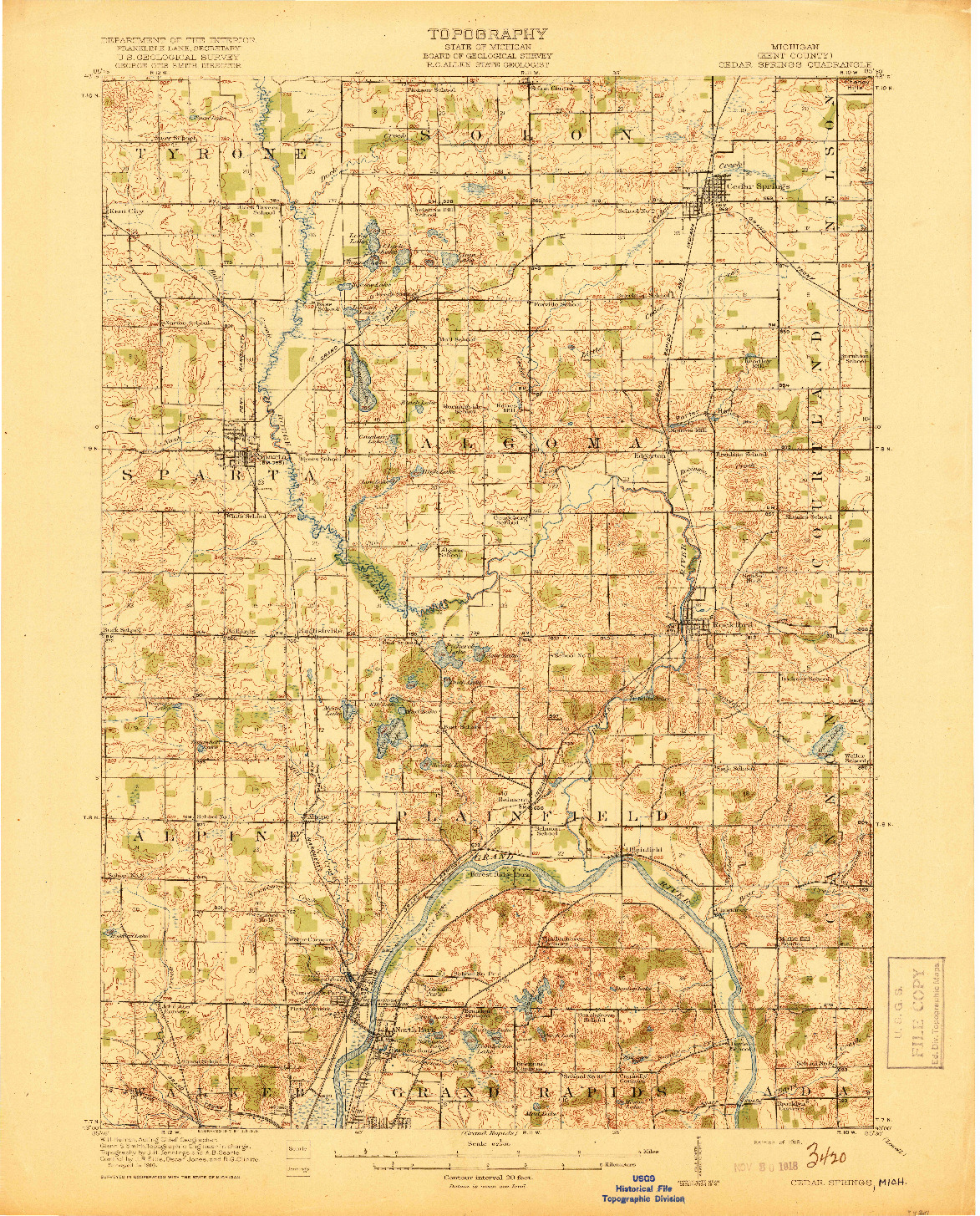 USGS 1:62500-SCALE QUADRANGLE FOR CEDAR SPRINGS, MI 1918