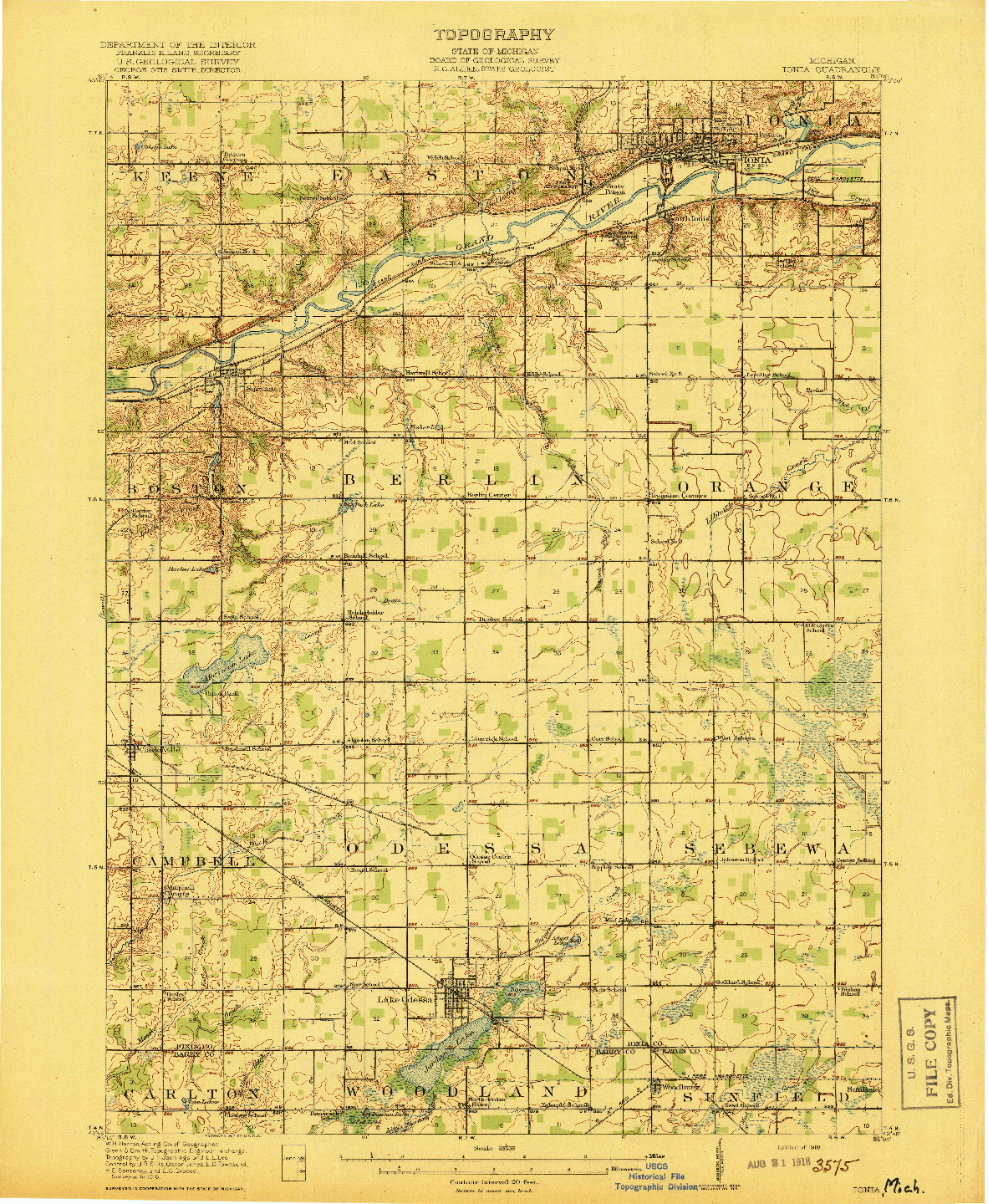 USGS 1:62500-SCALE QUADRANGLE FOR IONIA, MI 1918