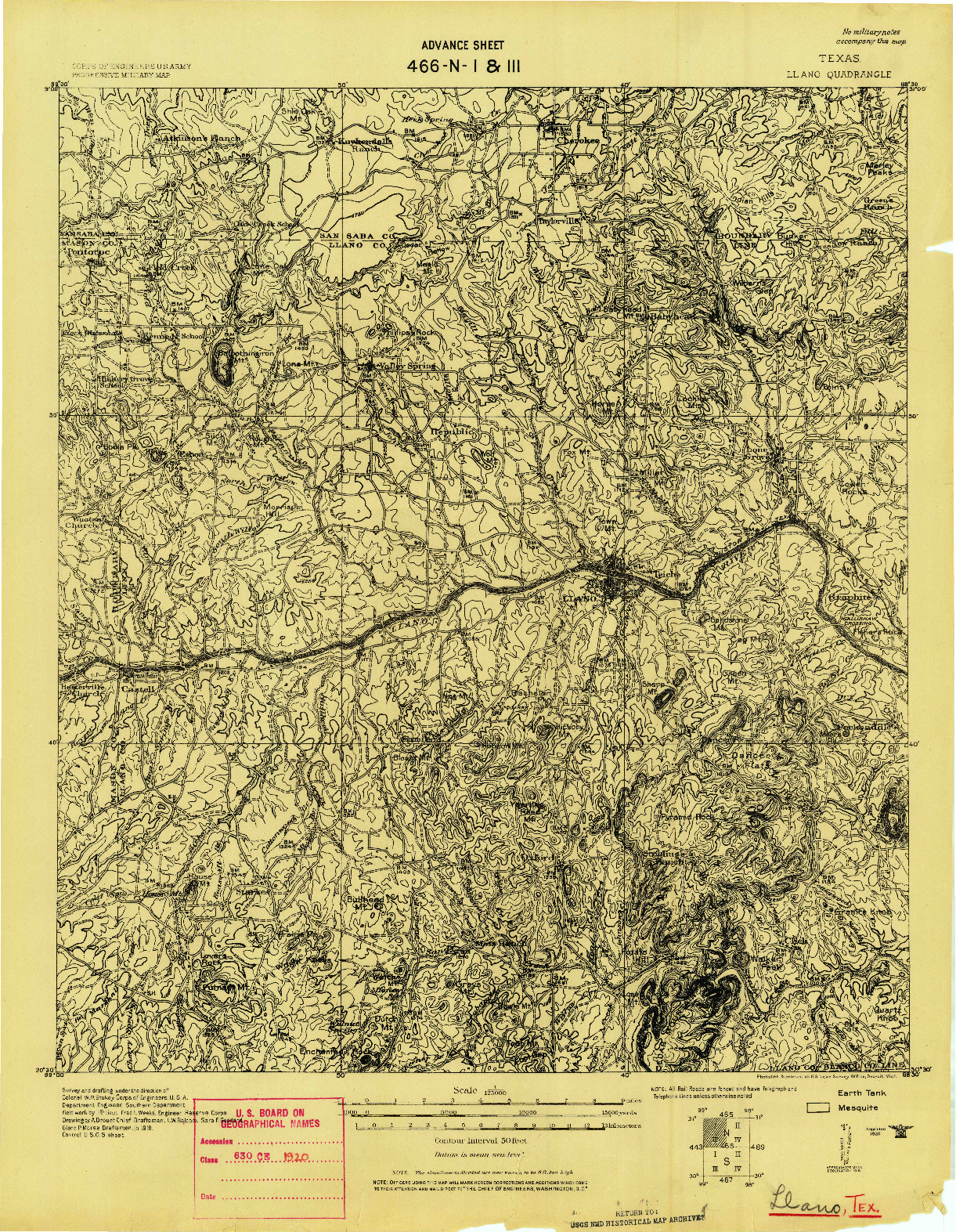 USGS 1:125000-SCALE QUADRANGLE FOR LLANO, TX 1918