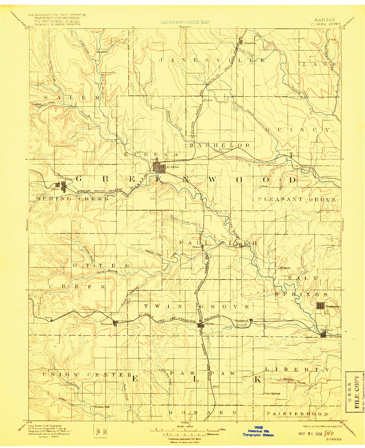 USGS 1:125000-SCALE QUADRANGLE FOR EUREKA, KS 1894