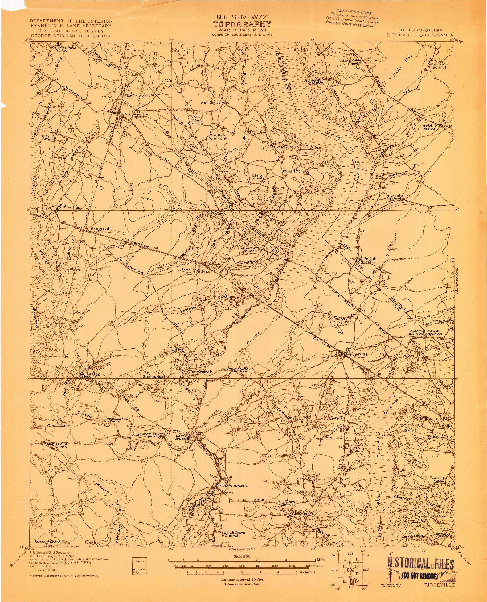USGS 1:48000-SCALE QUADRANGLE FOR RIDGEVILLE, SC 1919