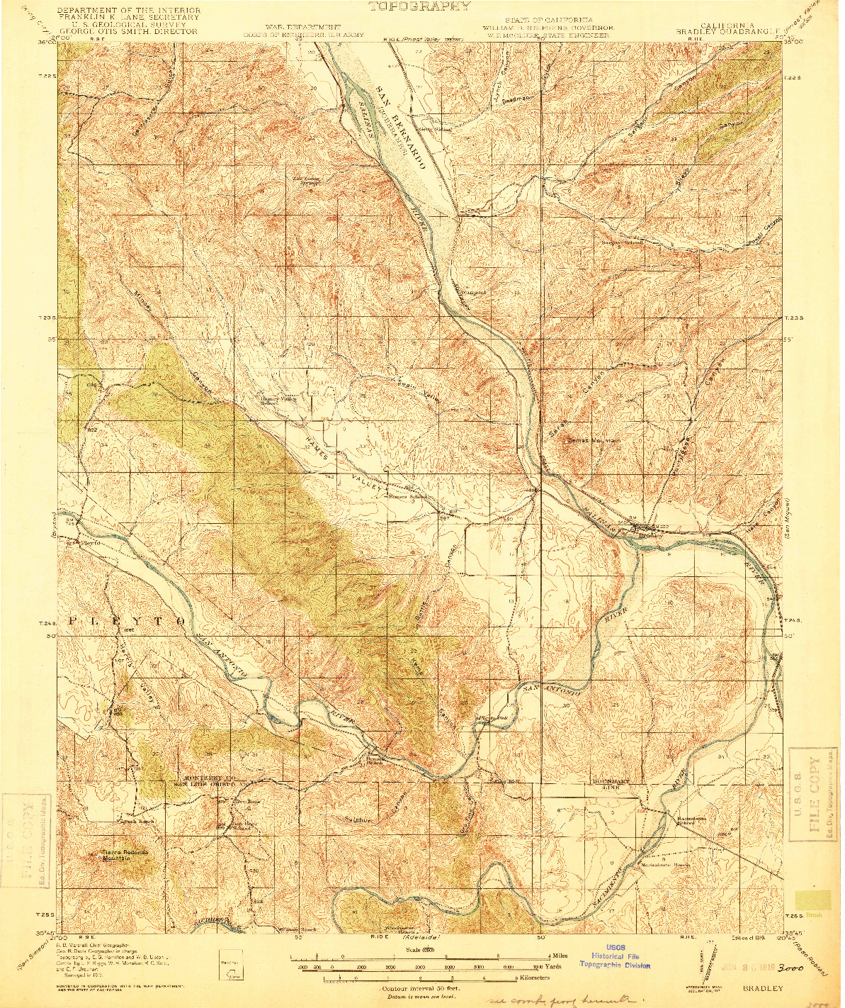 USGS 1:62500-SCALE QUADRANGLE FOR BRADLEY, CA 1919