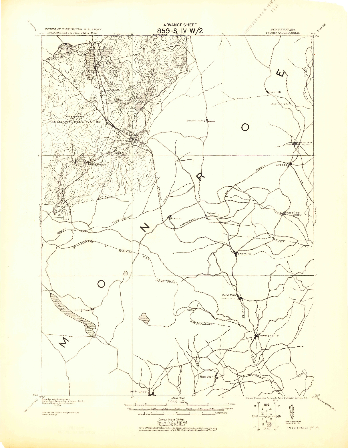 USGS 1:62500-SCALE QUADRANGLE FOR POCONO, PA 1919
