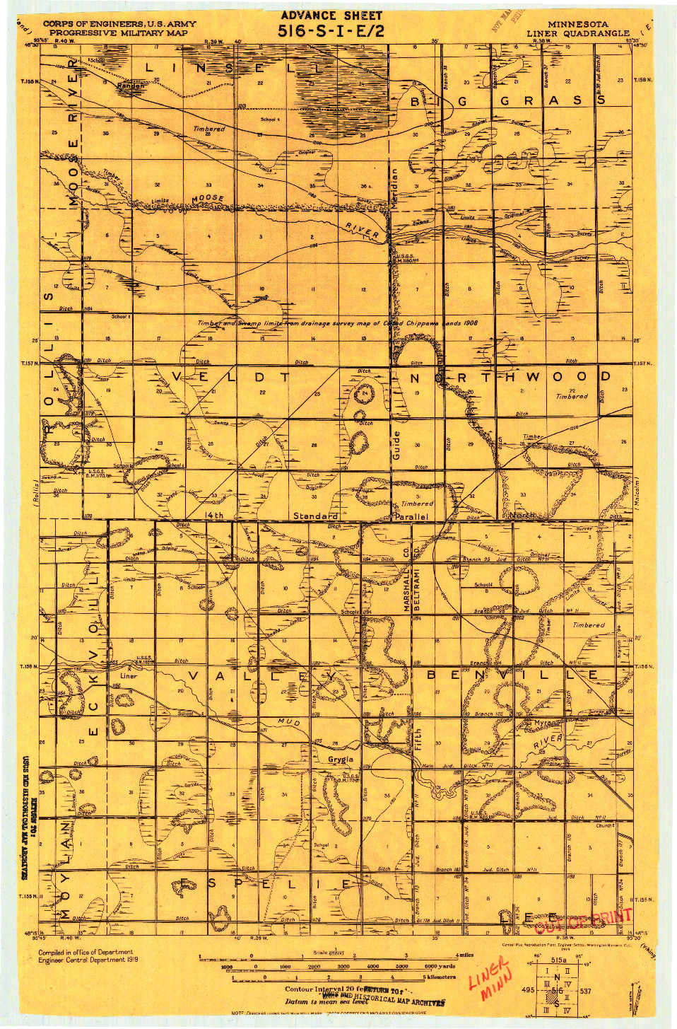 USGS 1:62500-SCALE QUADRANGLE FOR LINER, MN 1919