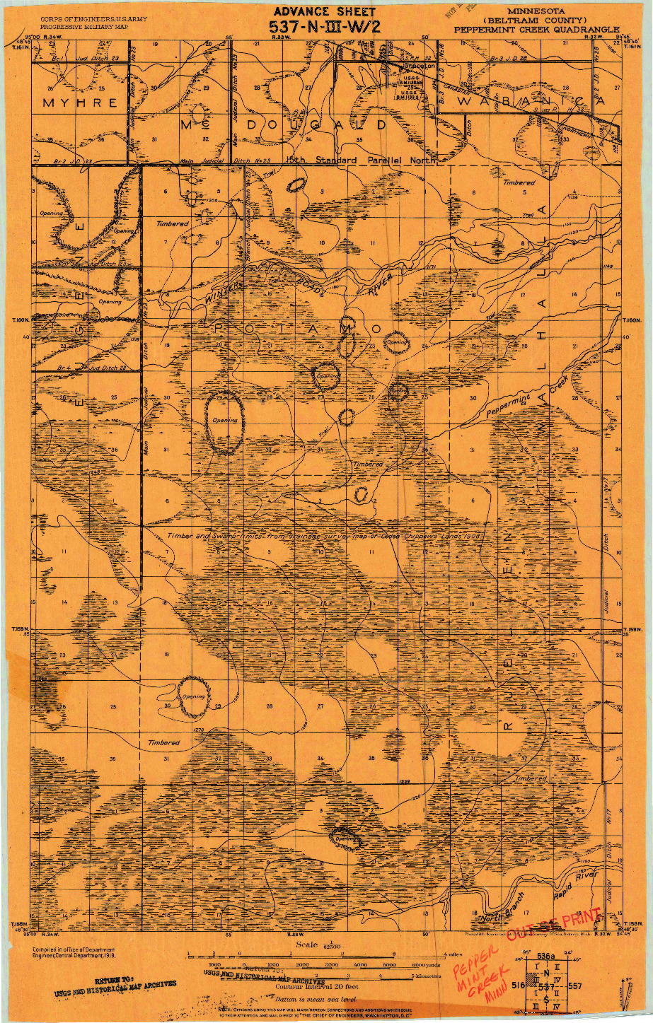 USGS 1:62500-SCALE QUADRANGLE FOR PEPPERMINT CREEK, MN 1919