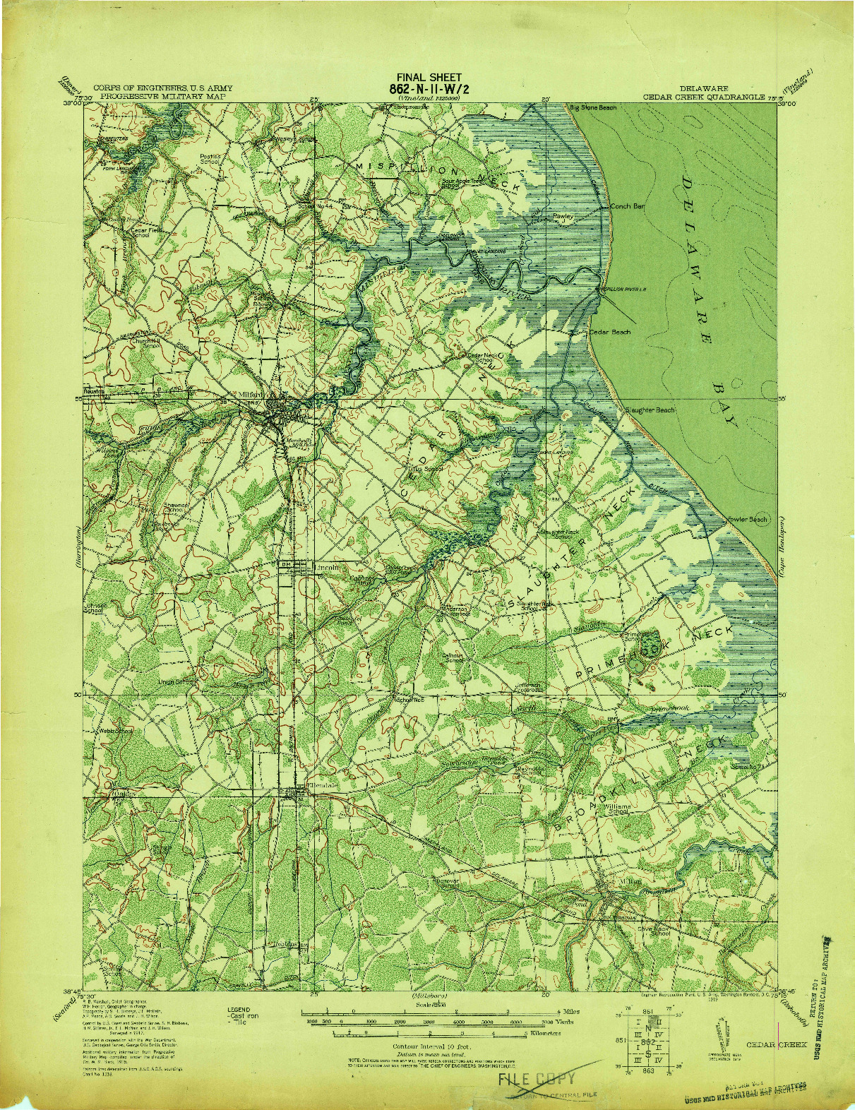 USGS 1:62500-SCALE QUADRANGLE FOR CEDAR CREEK, DE 1919