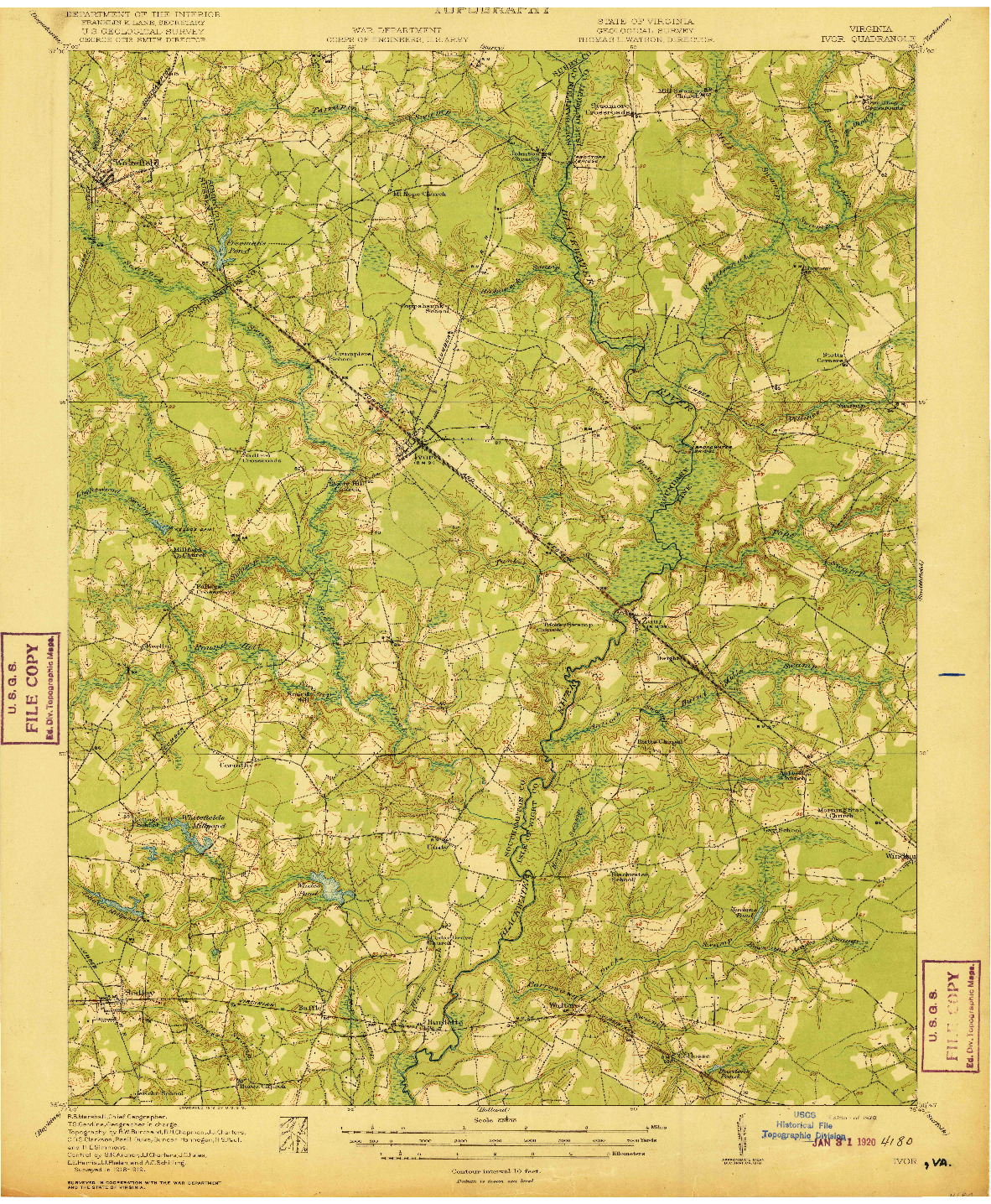 USGS 1:62500-SCALE QUADRANGLE FOR IVOR, VA 1920