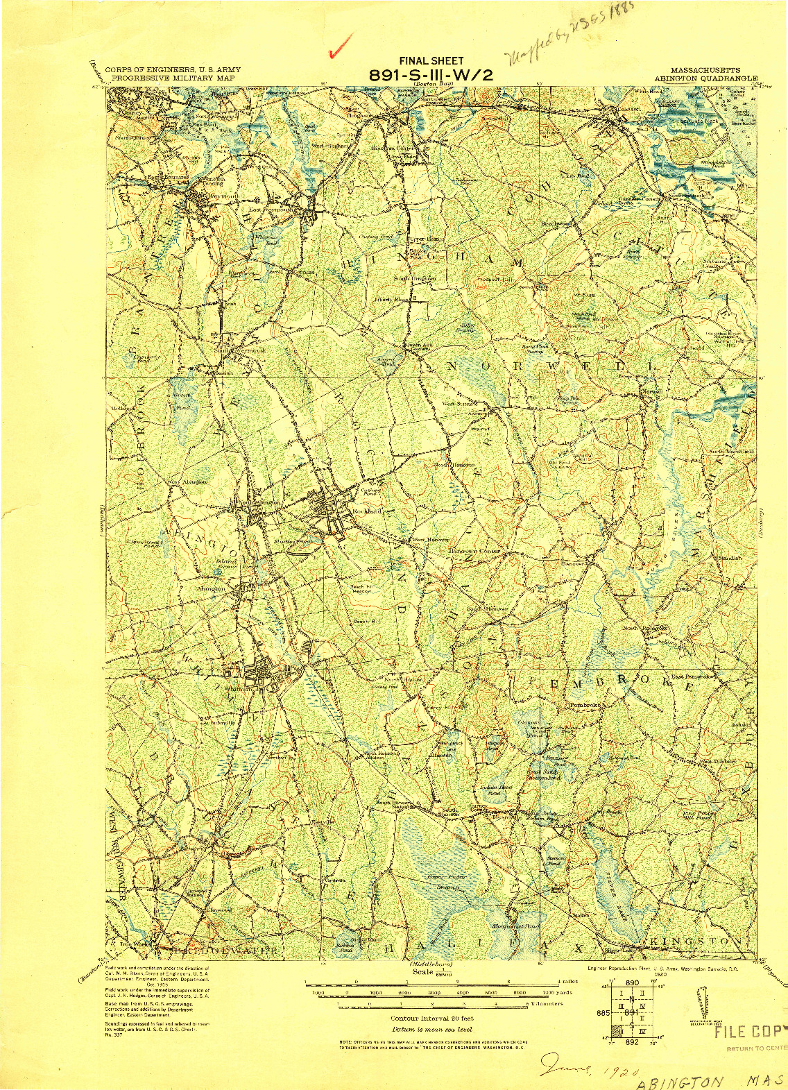 USGS 1:62500-SCALE QUADRANGLE FOR ABINGTON, MA 1920