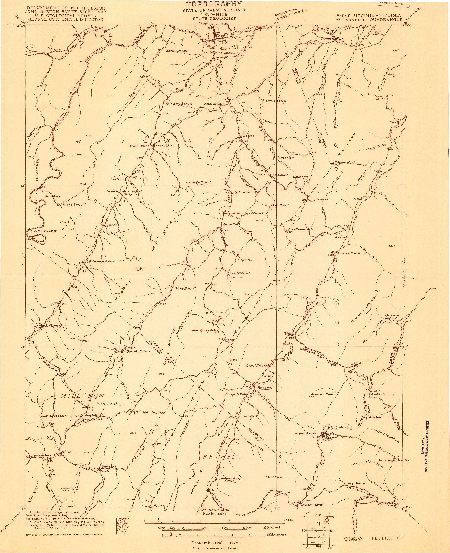 USGS 1:48000-SCALE QUADRANGLE FOR PETERSBURG, WV 1920