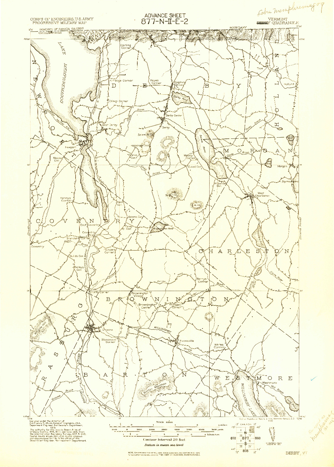USGS 1:62500-SCALE QUADRANGLE FOR DERBY, VT 1920