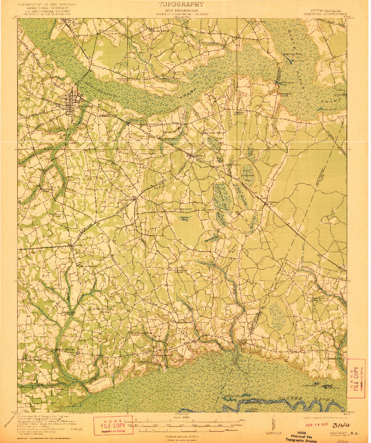USGS 1:62500-SCALE QUADRANGLE FOR MANNING, SC 1921