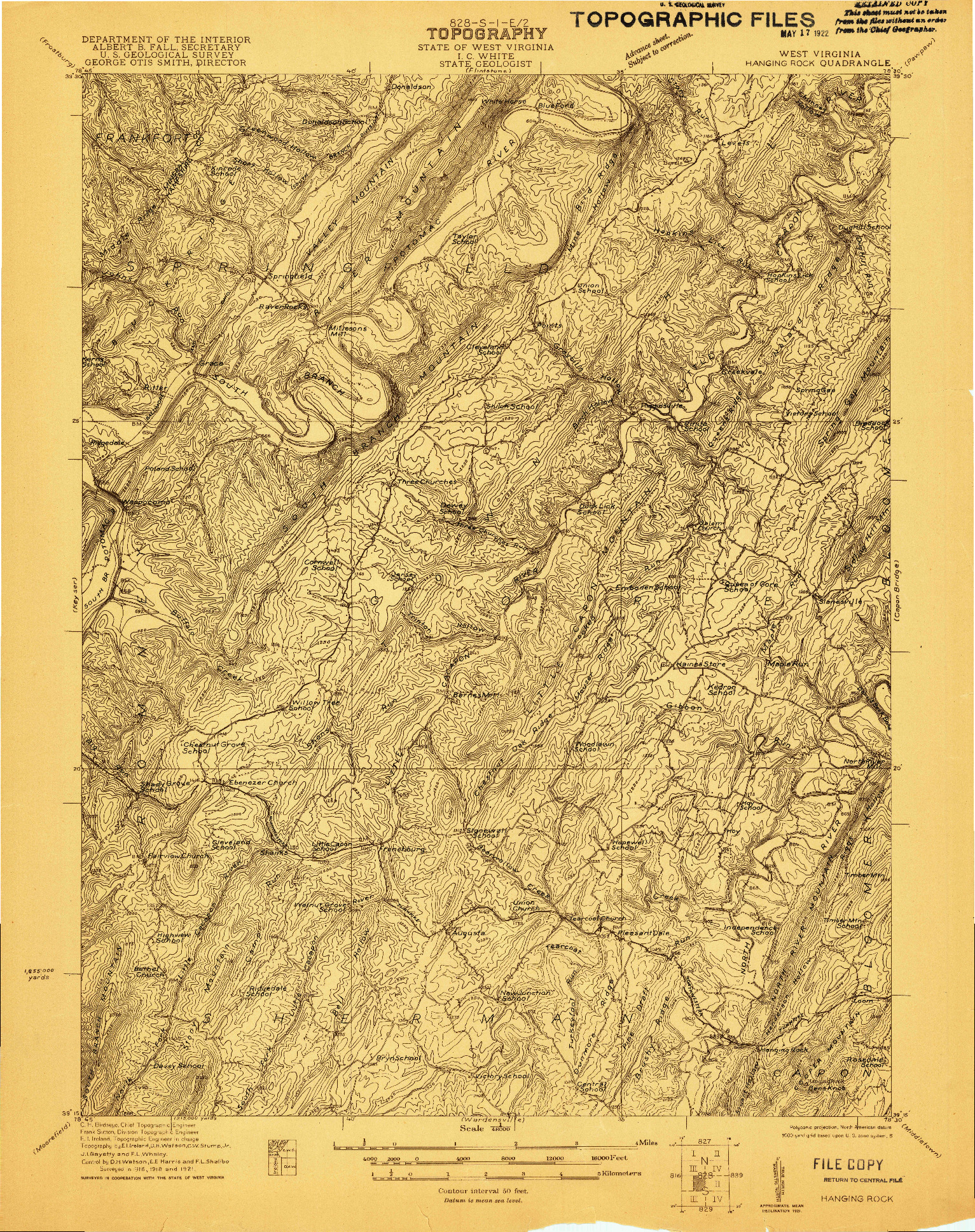 USGS 1:48000-SCALE QUADRANGLE FOR HANGING ROCK, WV 1921